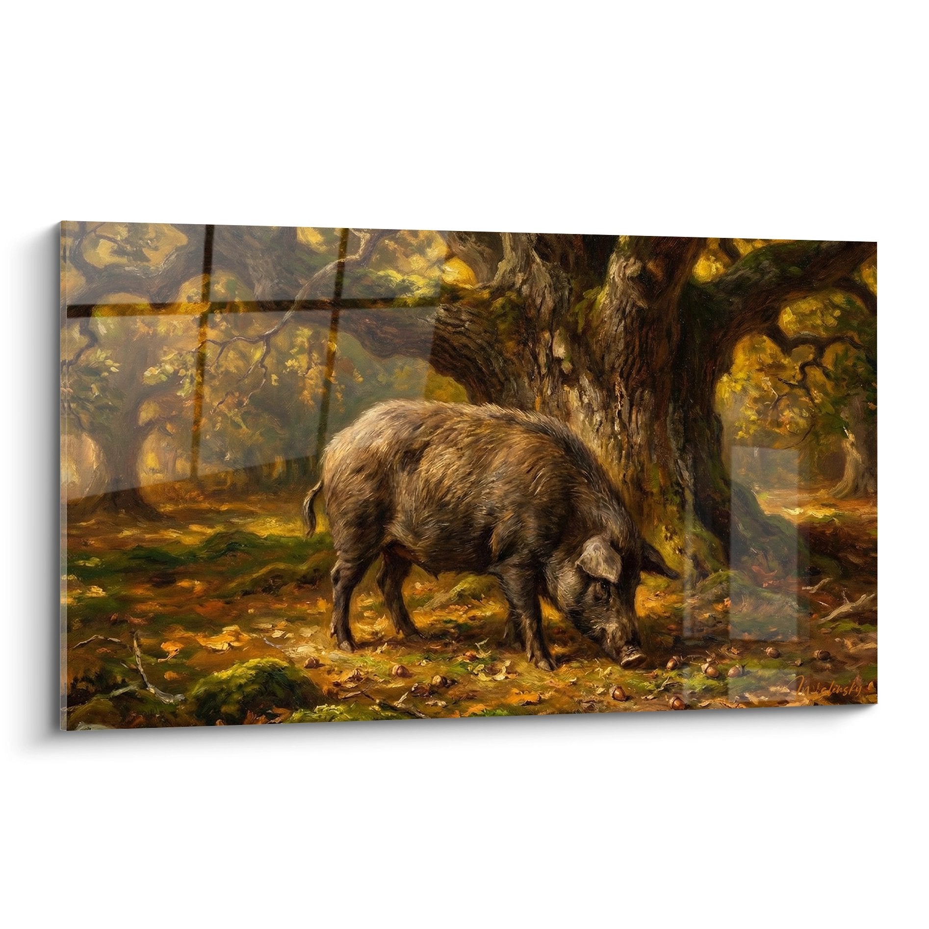 Schwein-Gemälde braun Erde wühlend unter goldener Eiche Herbstlaub ländliche Szene