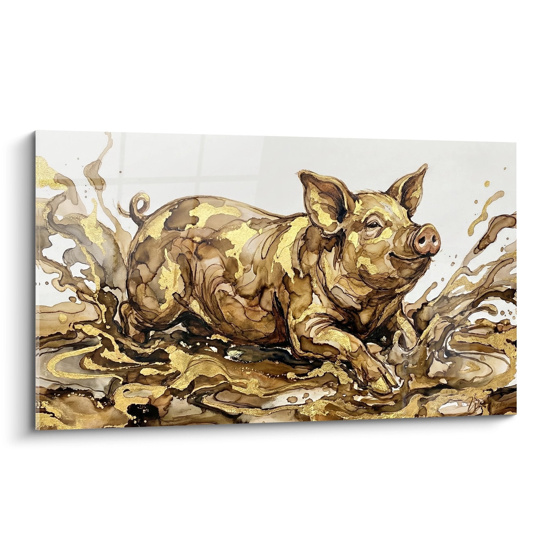 Künstlerisches Gemälde Schwein goldbraune Farbspritzer expressionistischer zeitgenössischer Stil