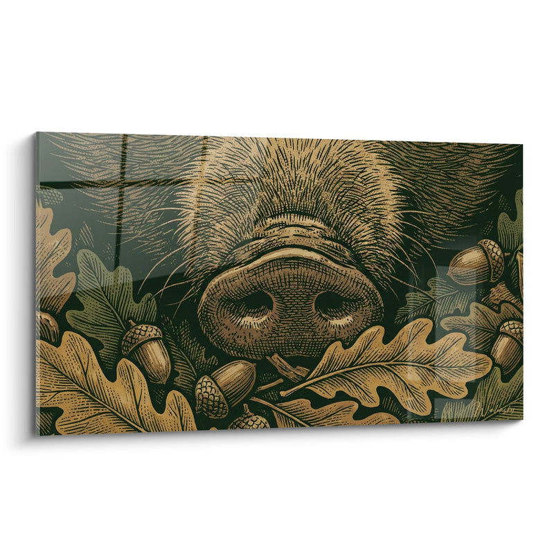 Gravuretafel Waldkunst Golden auf grünem Grund mit zentraler Schnauze und Vegetation - Wildschwein - Schwein Edition