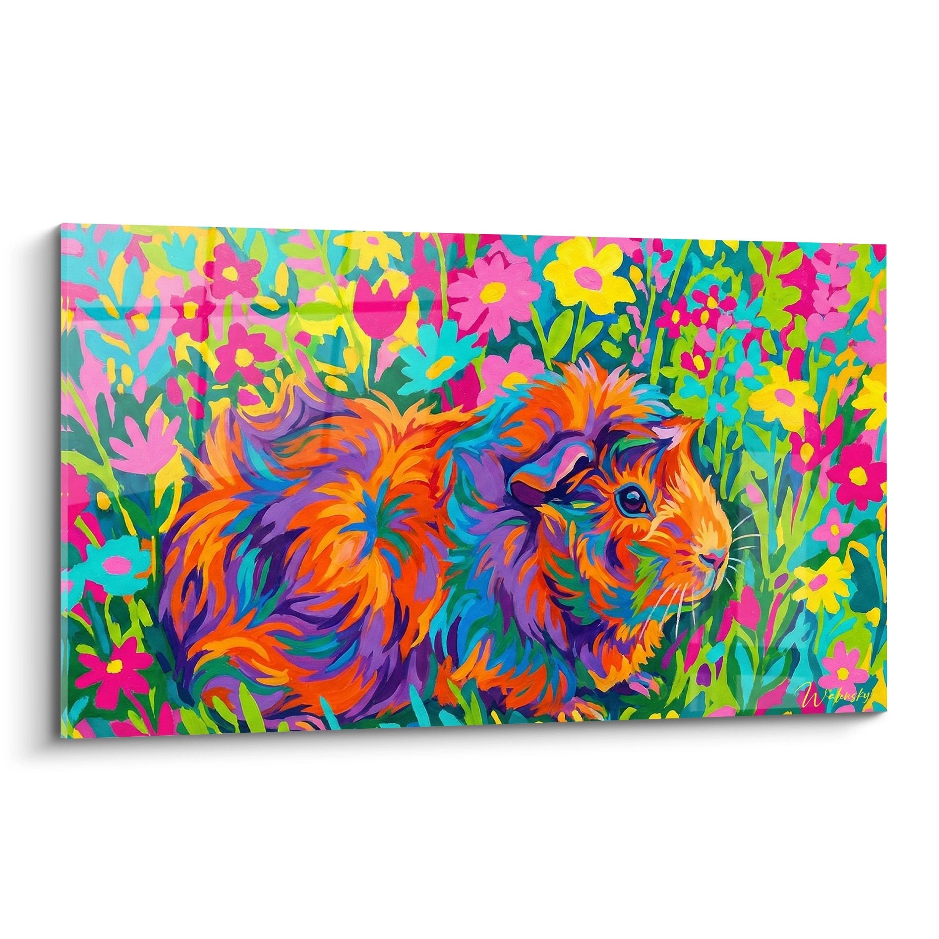 Meerschweinchen-Gemälde in Orange und Violett im bunten Blumengarten im Pop-Art-Stil