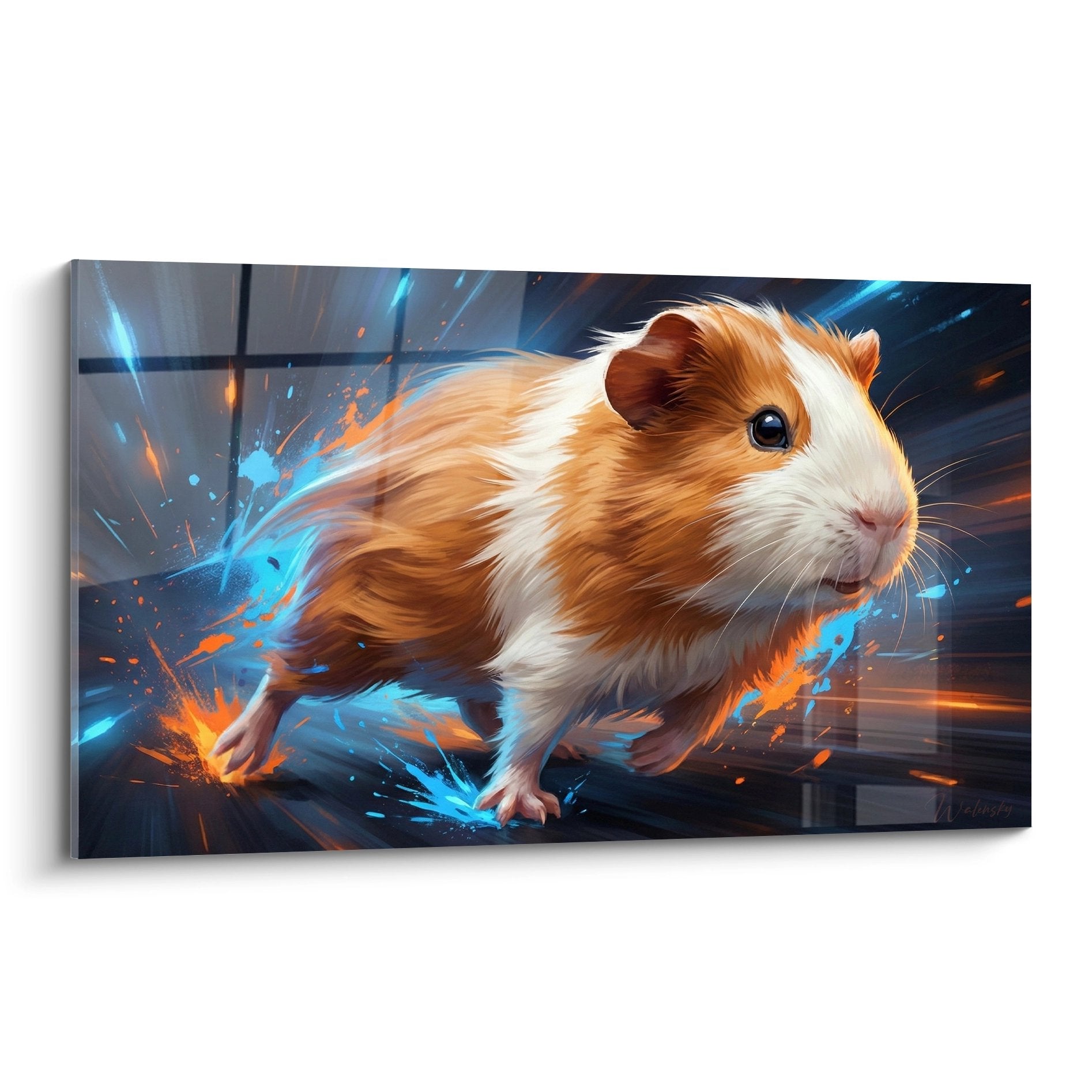 Modernes Gemälde rötlich-weißes Meerschweinchen in Wirbel aus blauen und orangefarbenen Splittern auf futuristischem metallischem Hintergrund