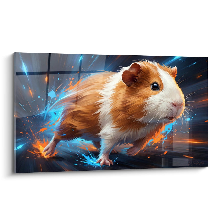 Tableau Cochon d'Inde aux Éclats Bleus et Orange dans un Tourbillon Futuriste - Énergie Cosmique - Edition Cochon d'inde