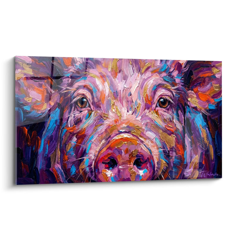Ausdrucksstarkes Porträt-Gemälde mit violetten und goldenen Nuancen - Intensiver Blick - Schwein-Edition