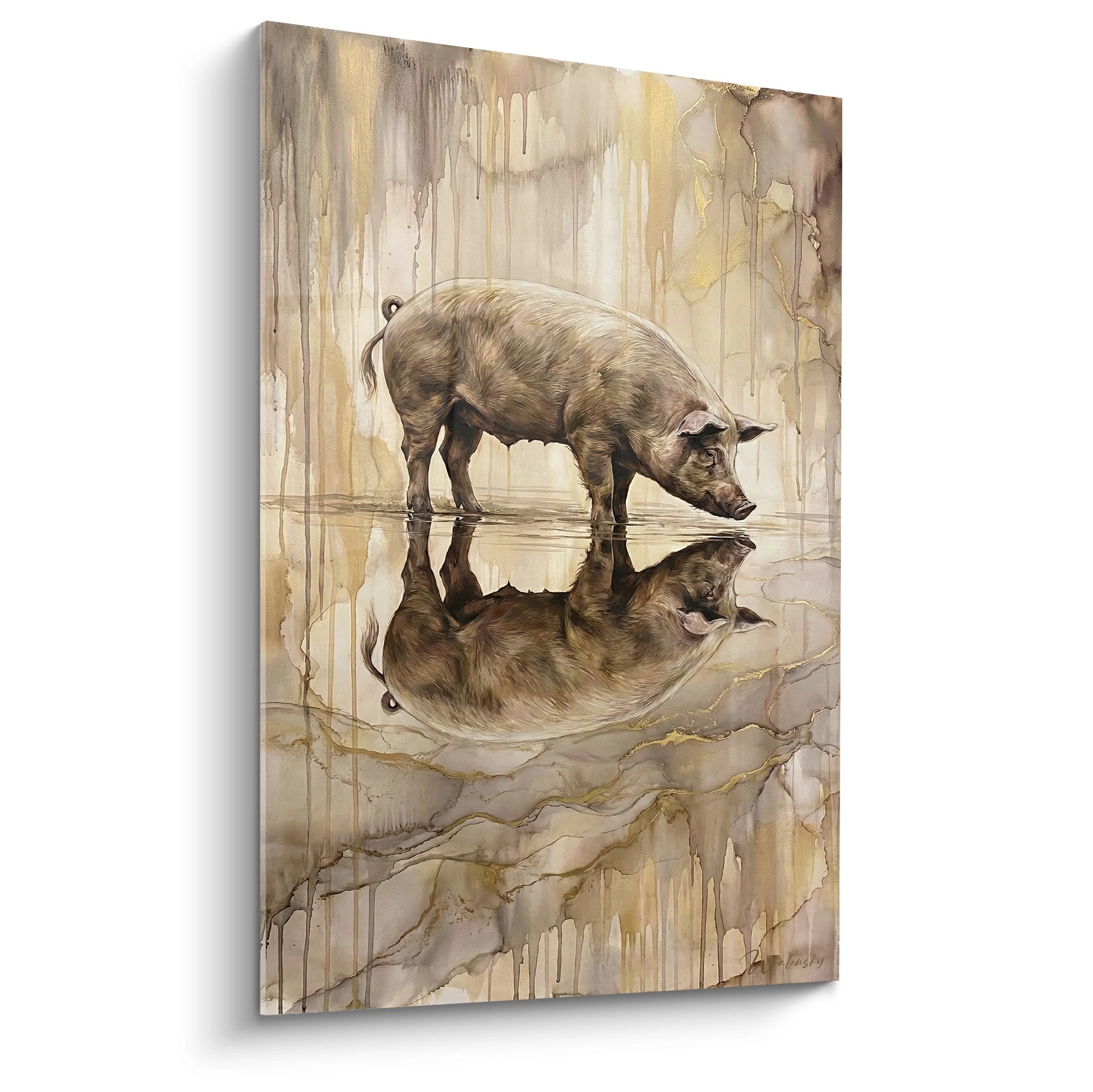 Schwein-Gemälde Wasserreflex Aquarell goldbraune Töne künstlerische Farbläufe kontemplativ
