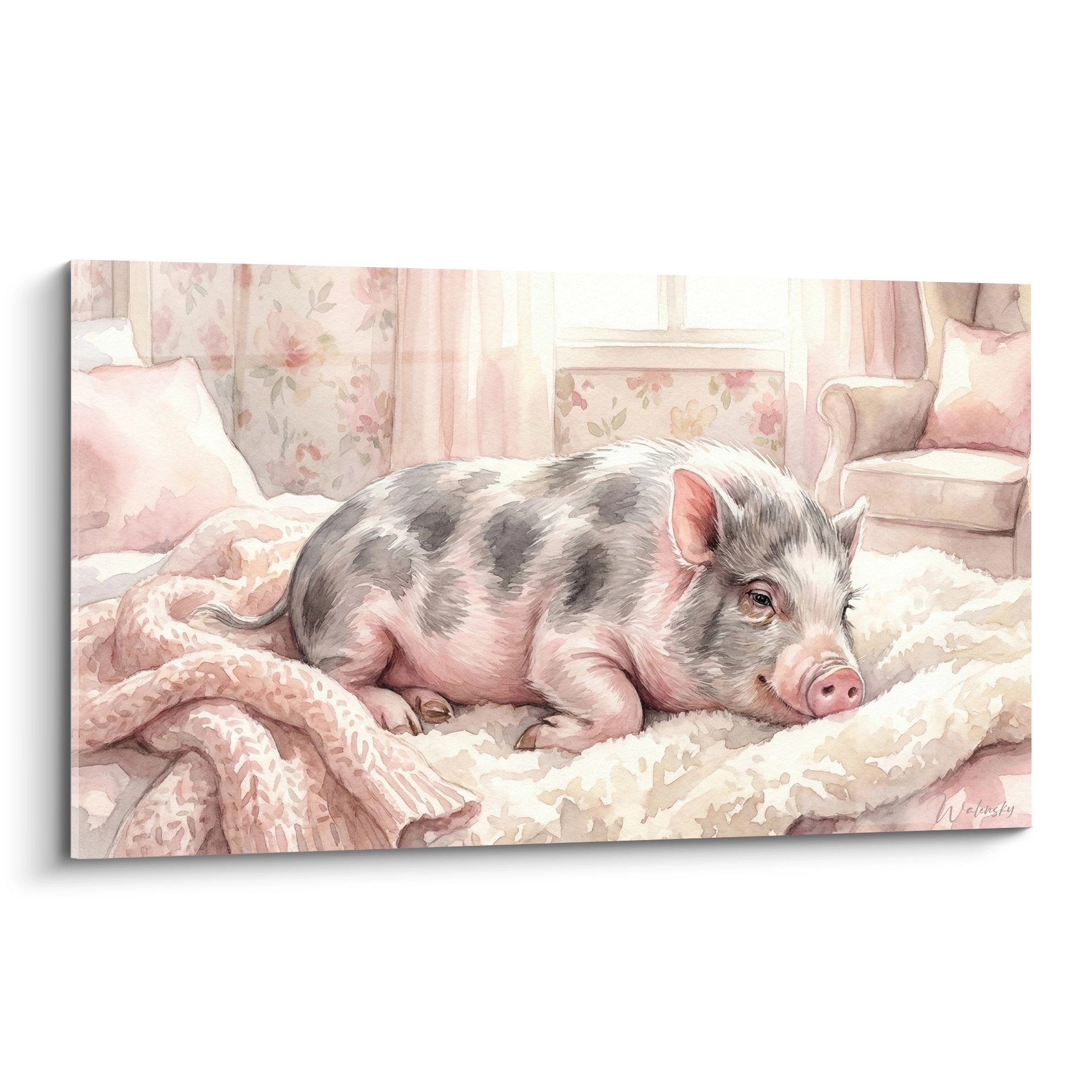 Aquarellgemälde eines rosa und grauen Schweins, das auf einem weißen Kissen in einem pastellfarbenen blumigen Interieur schläft