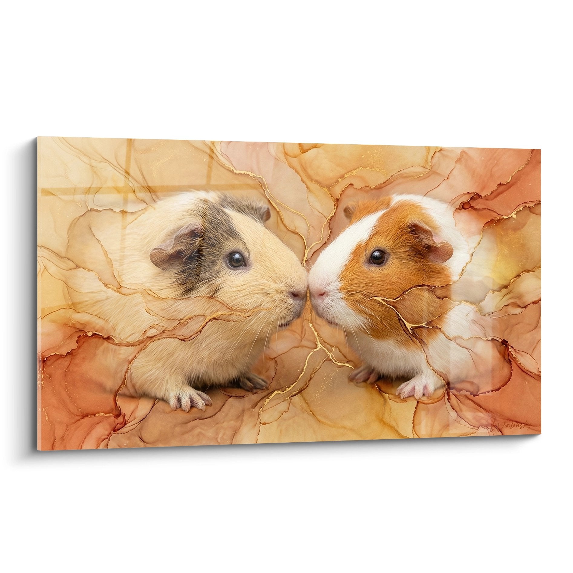 Gemälde zwei verschwörerische Meerschweinchen auf marmoriertem ocker-orangefarbenem Hintergrund Wandkunst Zärtlichkeit Haustiere