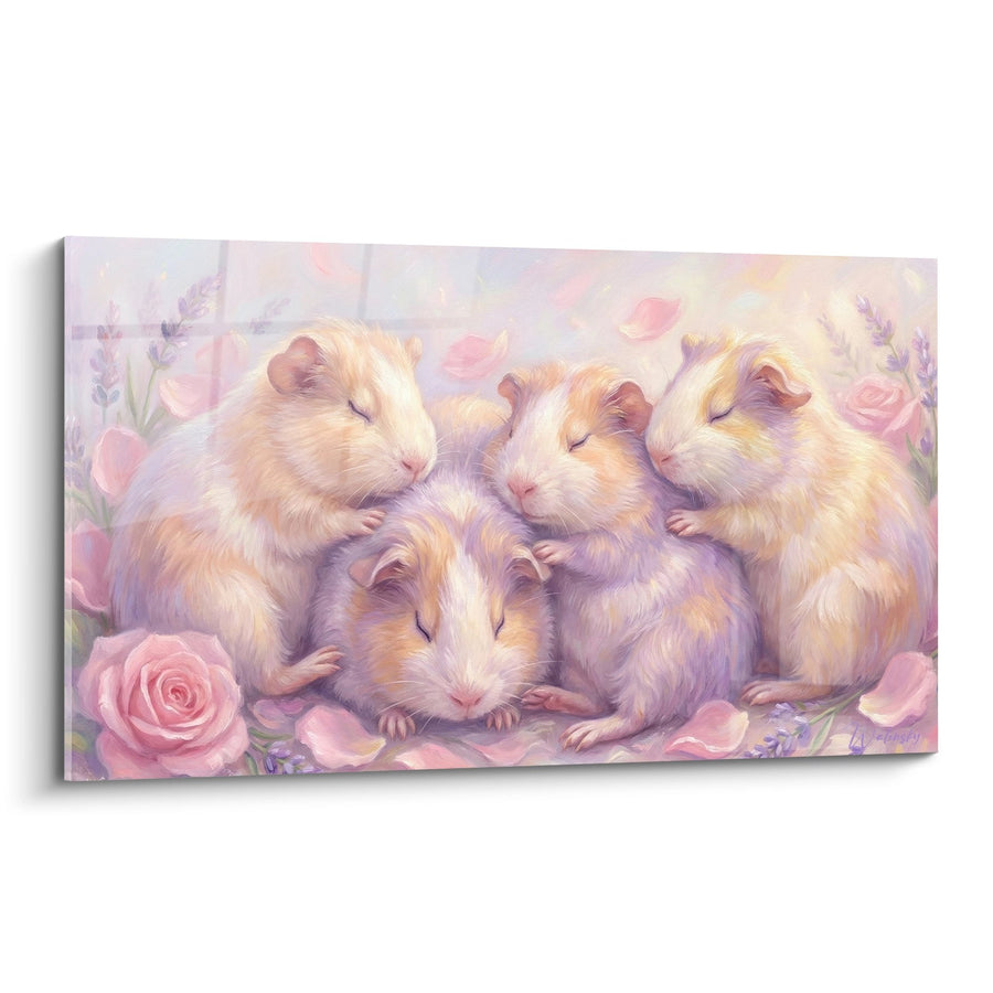 Tableau Famille de Cochons d'Inde aux Tons Pastel Rose et Lavande dans un Jardin Fleuri - Tendresse Familiale - Edition Cochon d'inde