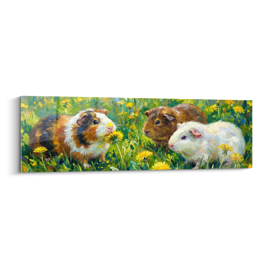 Tableau Trois Cochons d'Inde dans un Champ de Pissenlits Dorés - Tendresse Printanière - Edition Cochon d'inde