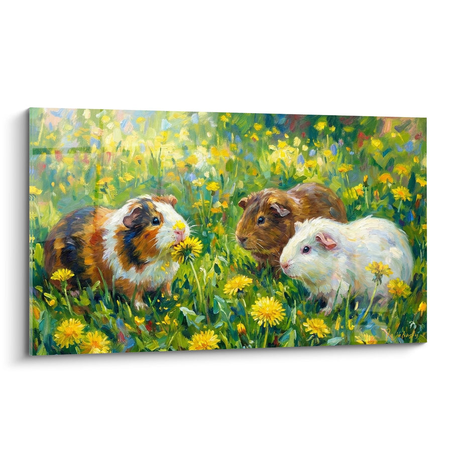 Tableau Trio de Cochons d'Inde dans un Champ de Pissenlits Dorés - Tendresse Printanière - Edition Cochon d'inde
