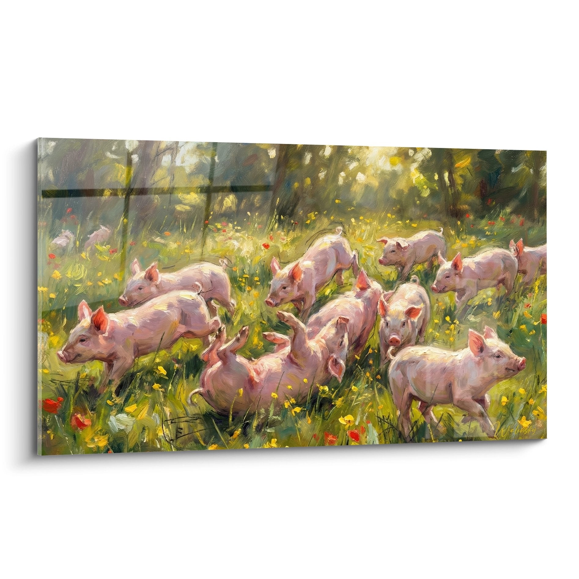 Gemälde rosa Schweine auf blumiger Wiese mit Mohnblumen im goldenen Licht, impressionistischer Landhausstil