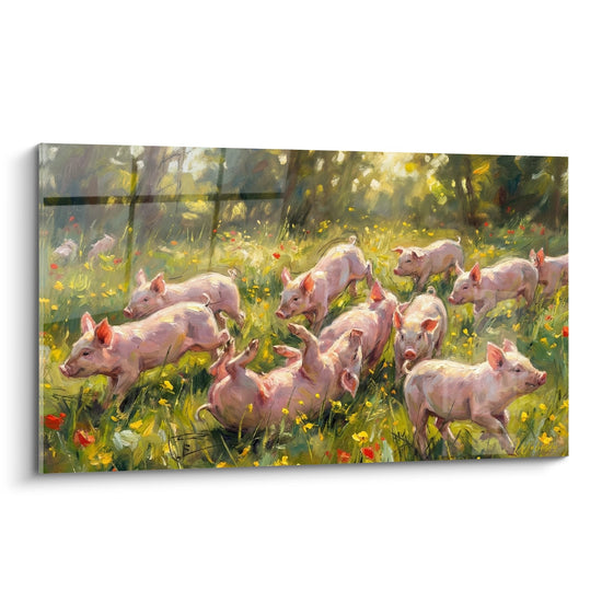 Bild Rosa Schweine in blühendem Wildwiesenfeld unter goldenem Licht - Idyllische Landschaft - Schwein Edition