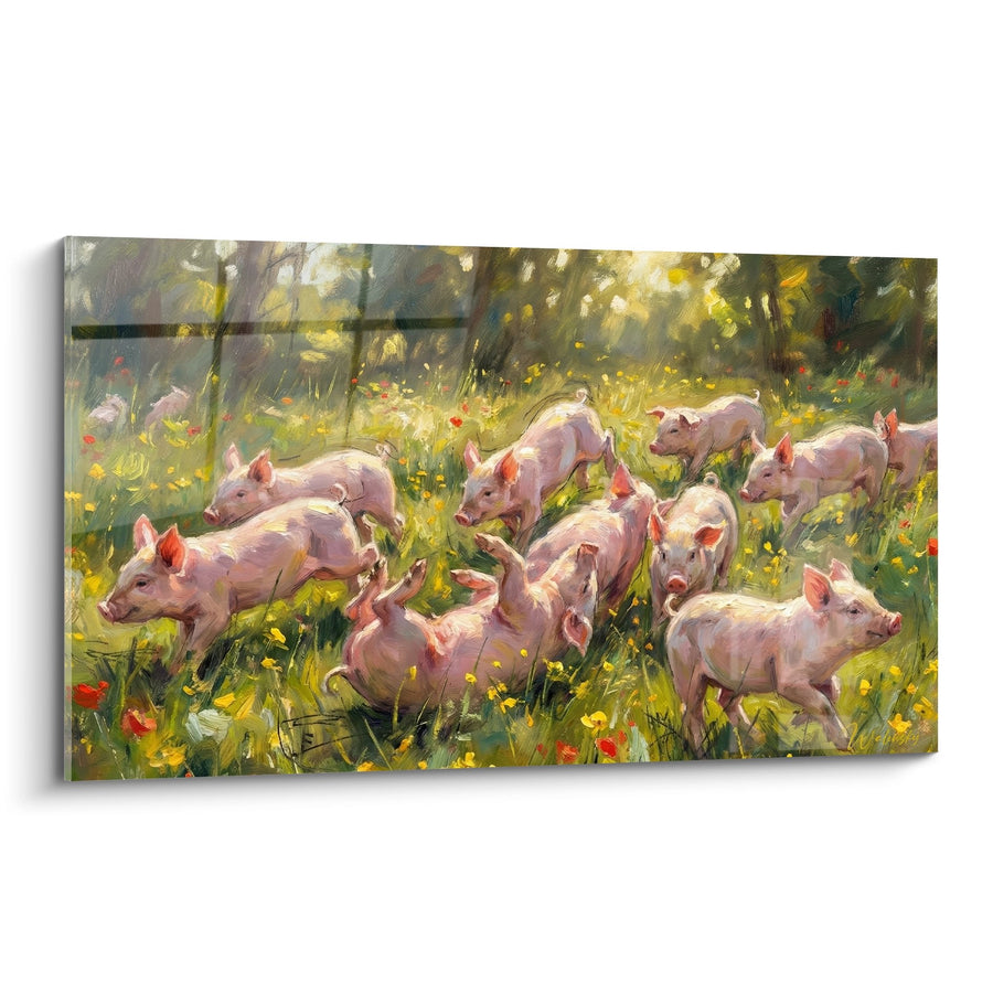 Tableau Cochons Roses dans Prairie Fleurie sous Lumière Dorée - Pastorale Champêtre - Edition Cochon