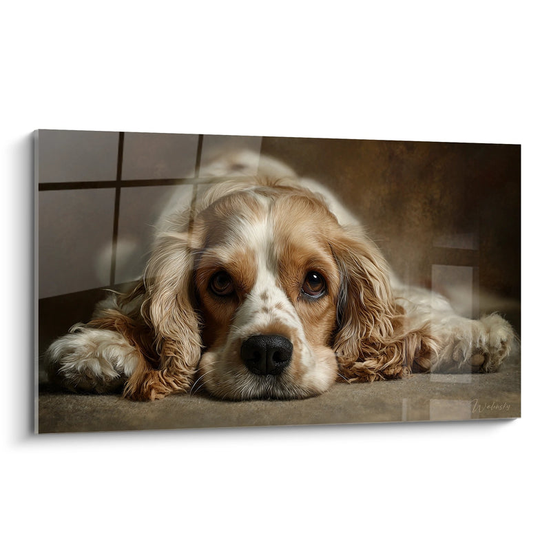 Gemälde Liegender Cocker Spaniel mit goldenen Glanzlichtern - Zartes Gesicht - Ausgabe American Cocker