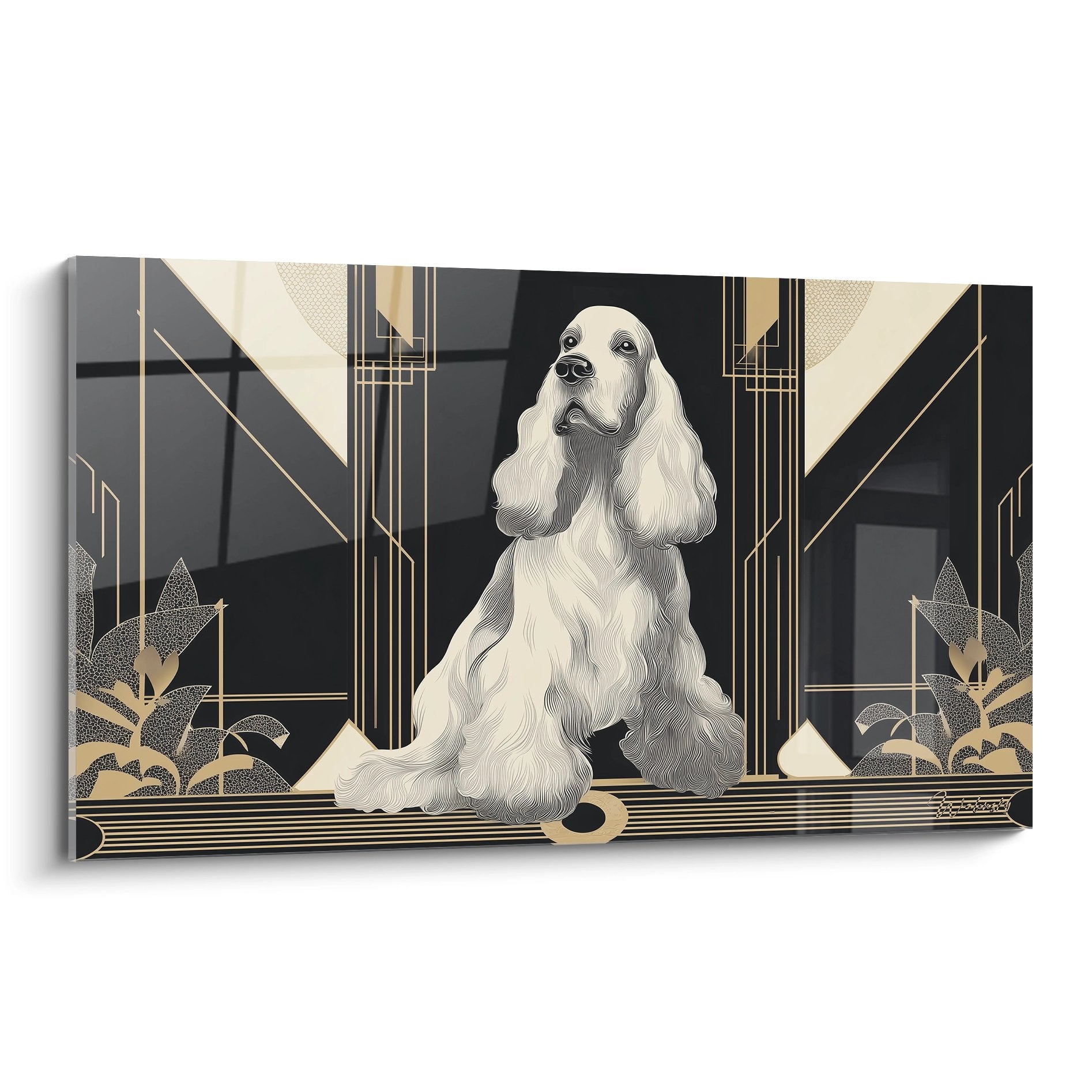 Tableau art déco représentant un cocker spaniel blanc aux oreilles tombantes sur fond géométrique noir et or