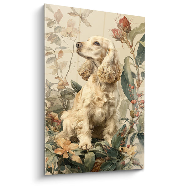 Cuadro de Perro Rubio de Ojos Alzados en Jardín Botánico - Mirada Contemplativa - Edición Cocker Americano