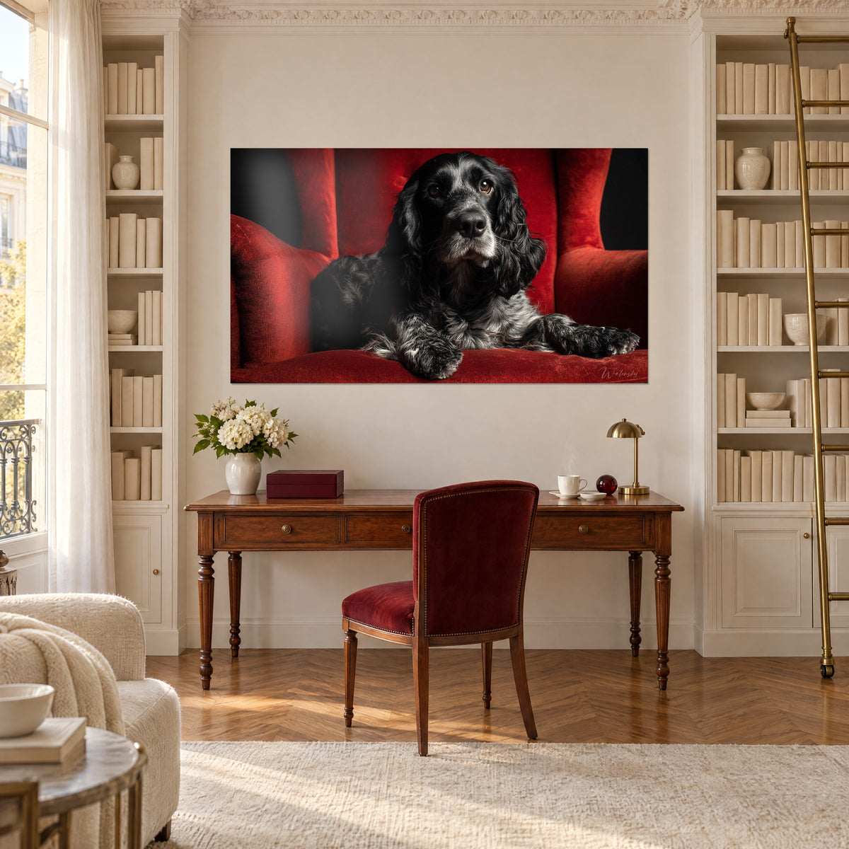 Cuadro de spaniel negro y plateado de mirada dulce, sillón rojo intenso, escritorio de madera y librería blanca con escalera