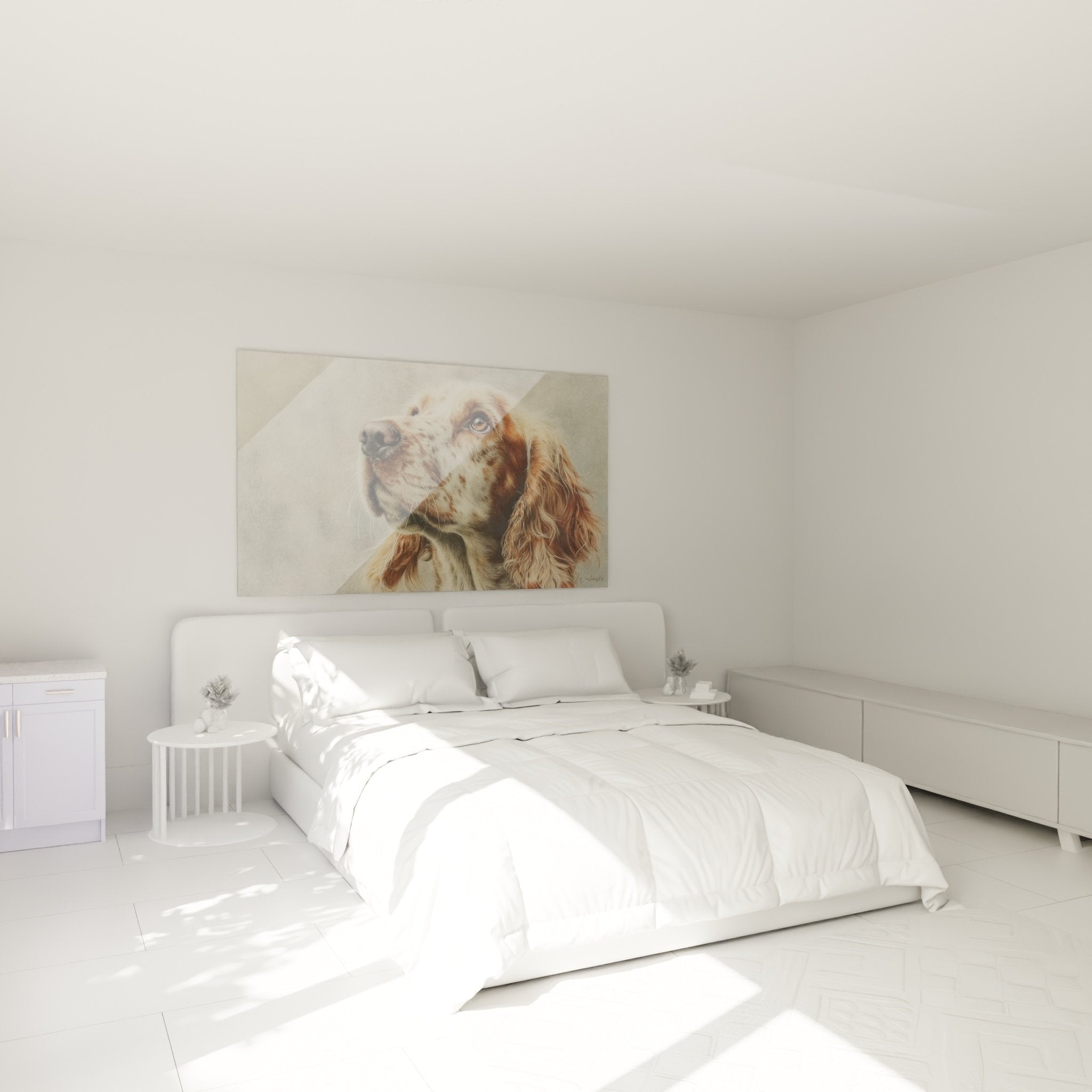 Tableau Cocker Americain aux tons roux exposé dans chambre moderne avec murs beiges et mobilier bois