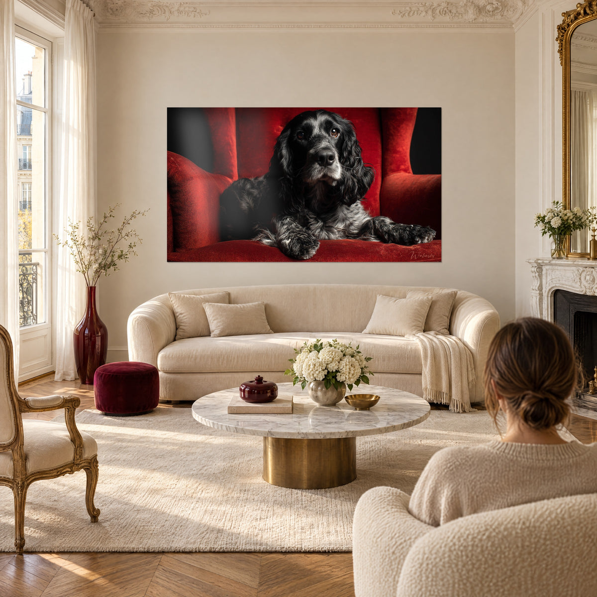 Cuadro de cocker americano negro y gris con ojos ámbar sobre terciopelo rojo, encima de un sofá en un salón luminoso