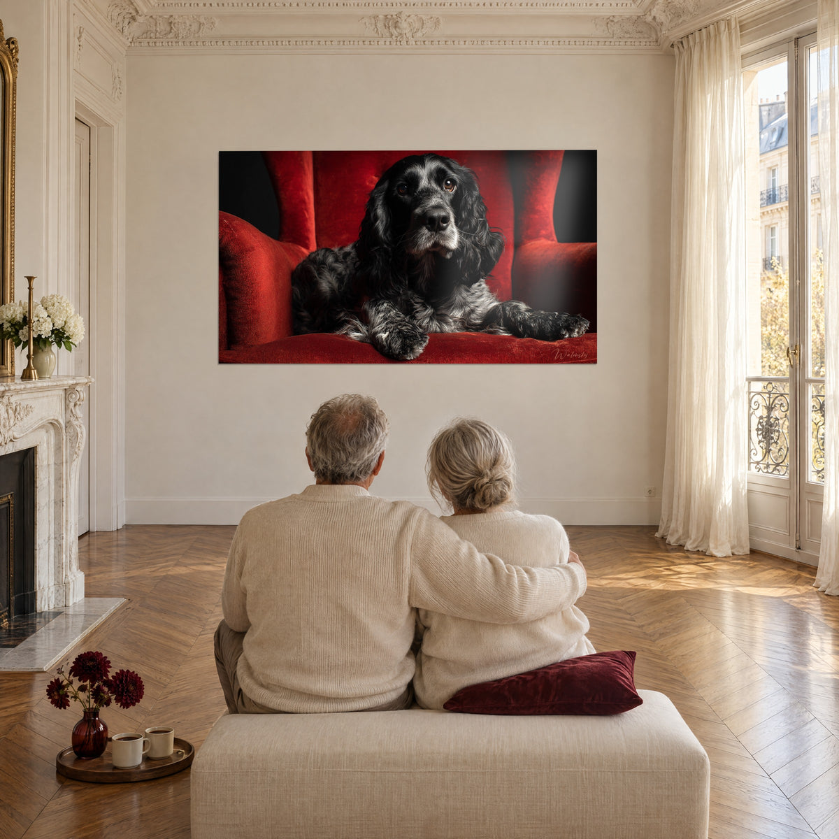 Cuadro de perro de raza con pelaje de ébano y gris, sentado en una silla rojo vivo, salón blanco con parquet en espiga