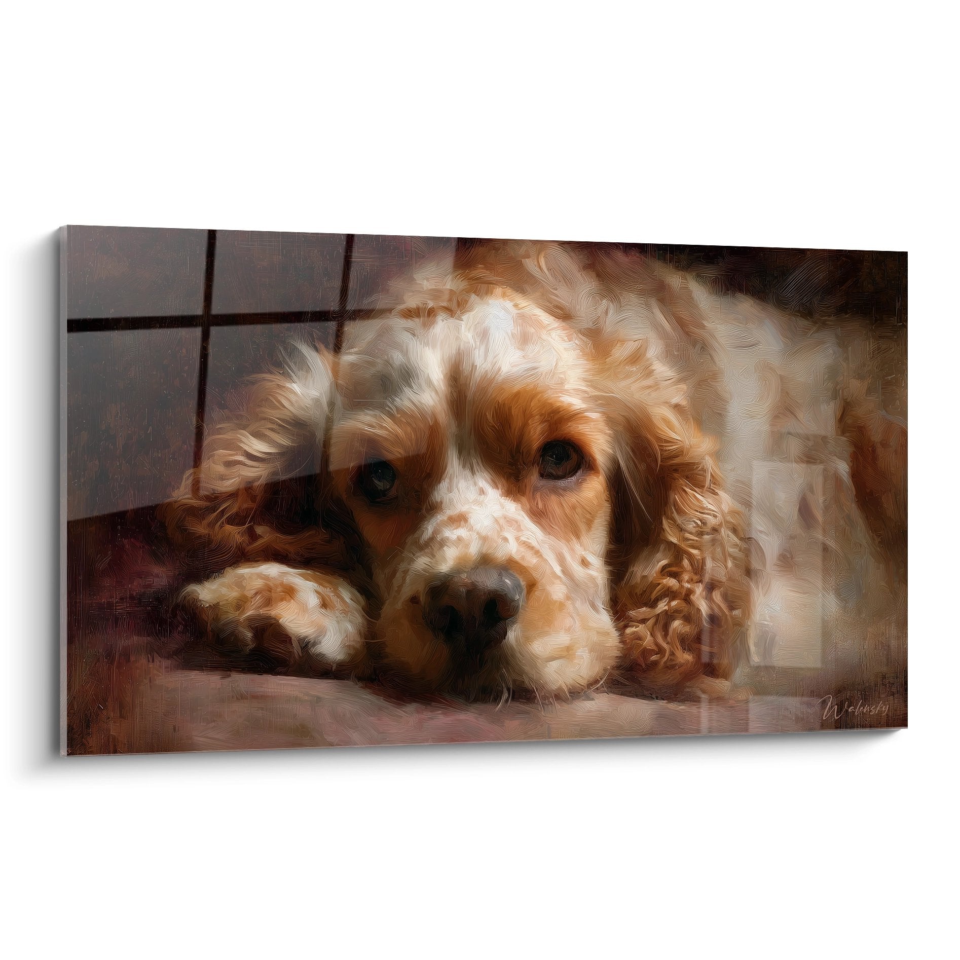 Tableau artistique d'un Cocker Americain aux tons dorés allongé avec expression tendre et mélancolique