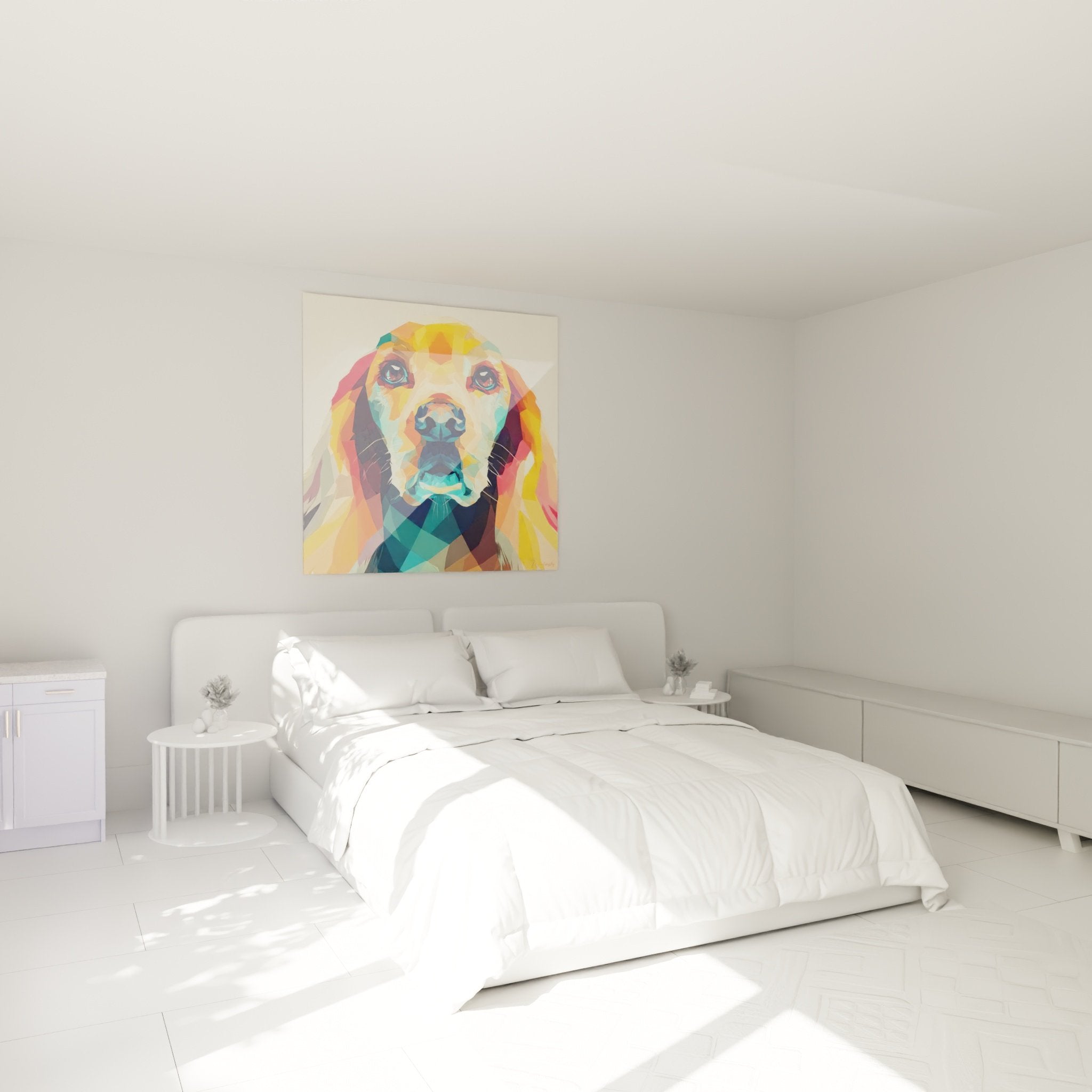 Tableau mural Cocker Americain geometrique multicolore accroche au dessus d'un lit dans chambre moderne