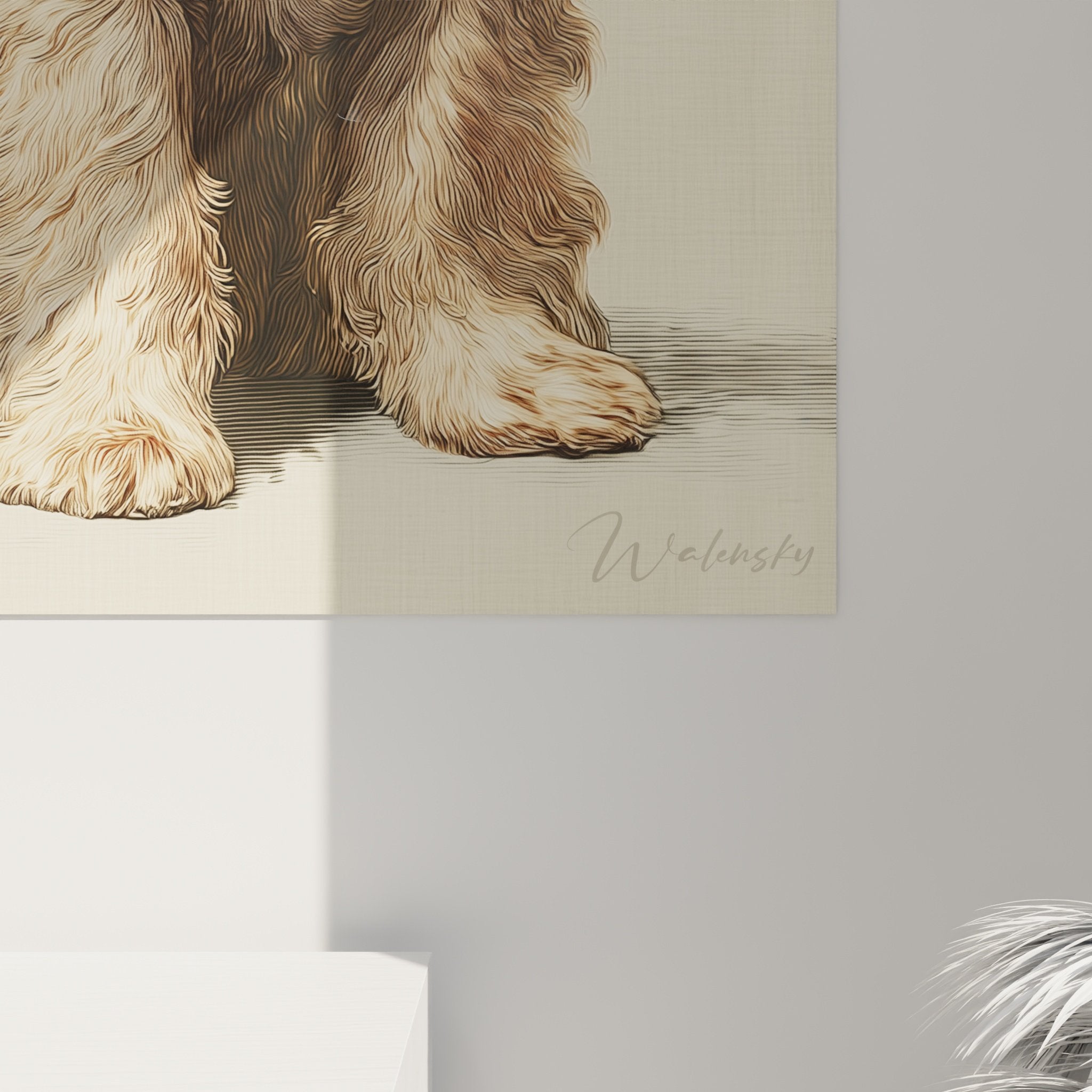 Vue d'ensemble du tableau portrait Cocker Americain dans salon contemporain chaleureux