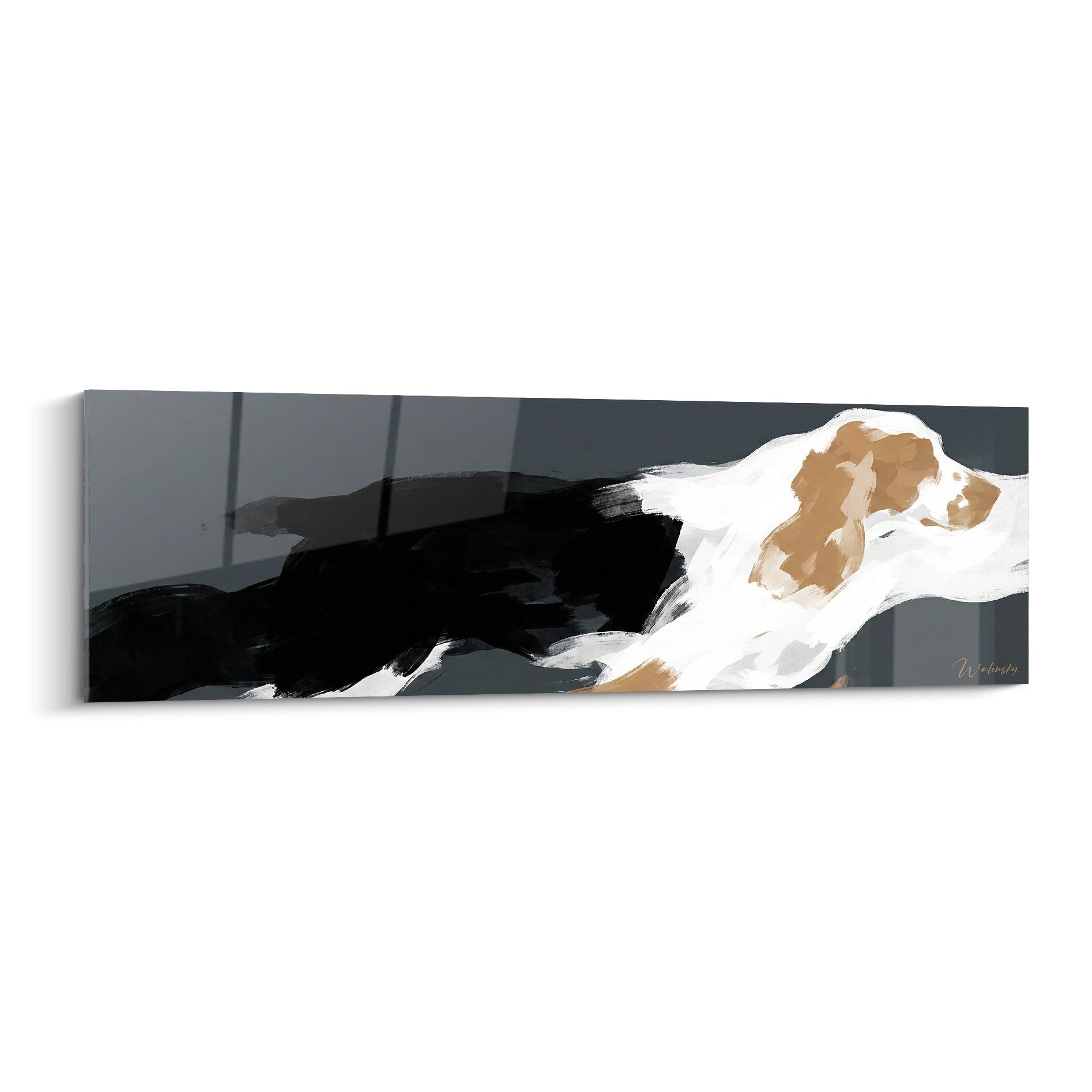 Tableau abstrait moderne Cocker Anglais silhouette blanche sur fond gris avec touches beiges dorées art mural contemporain