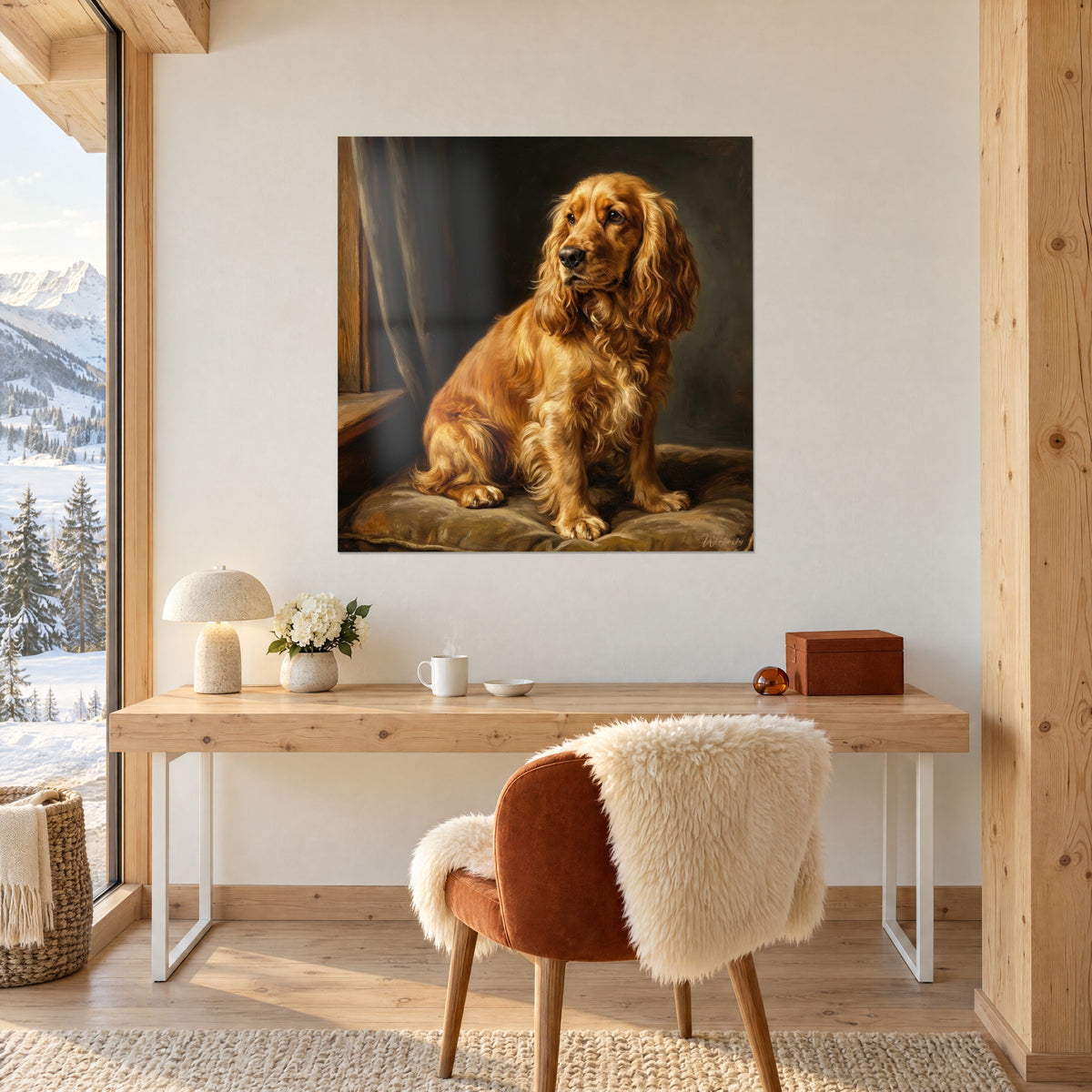 Wall art of a caramel-colored English cocker resting on a khaki cushion, hung above a light wood desk and a rust-red chair