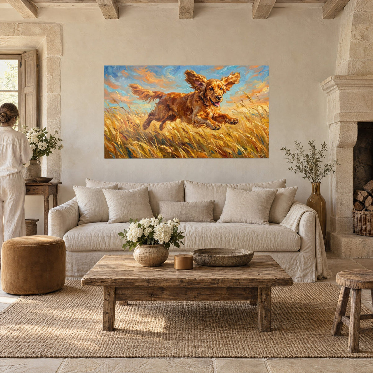 Tableau cocker anglais roux bondissant, oreilles au vent, ciel bleu et orange, au-dessus d'un canapé dans un salon lumineux