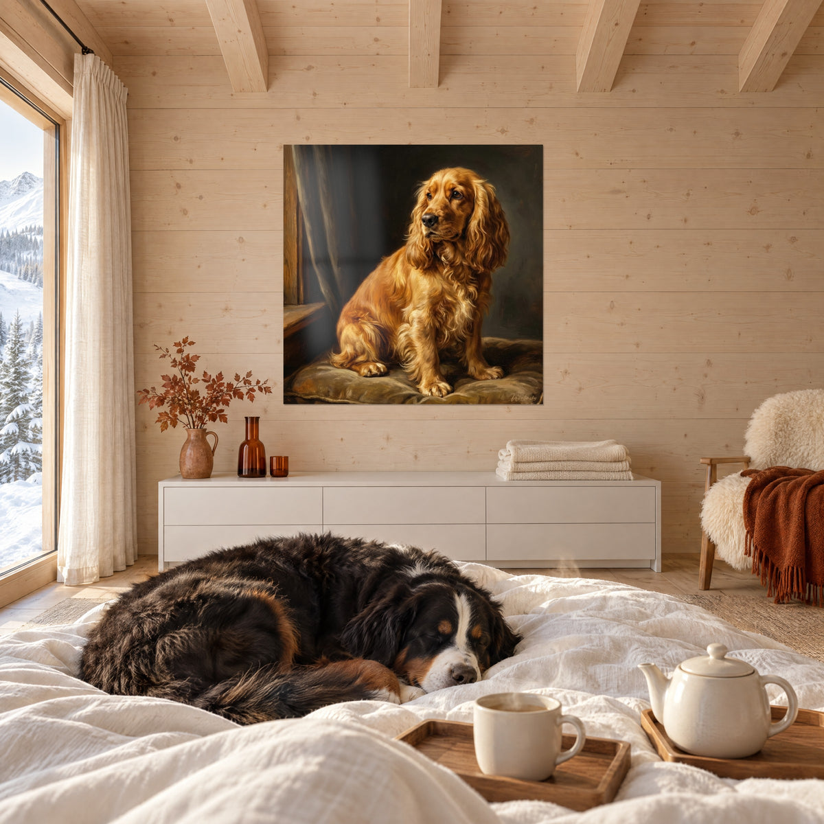 Wall art of a spaniel with a copper coat and black muzzle, gazing toward the light, above a bed in a bright bedroom