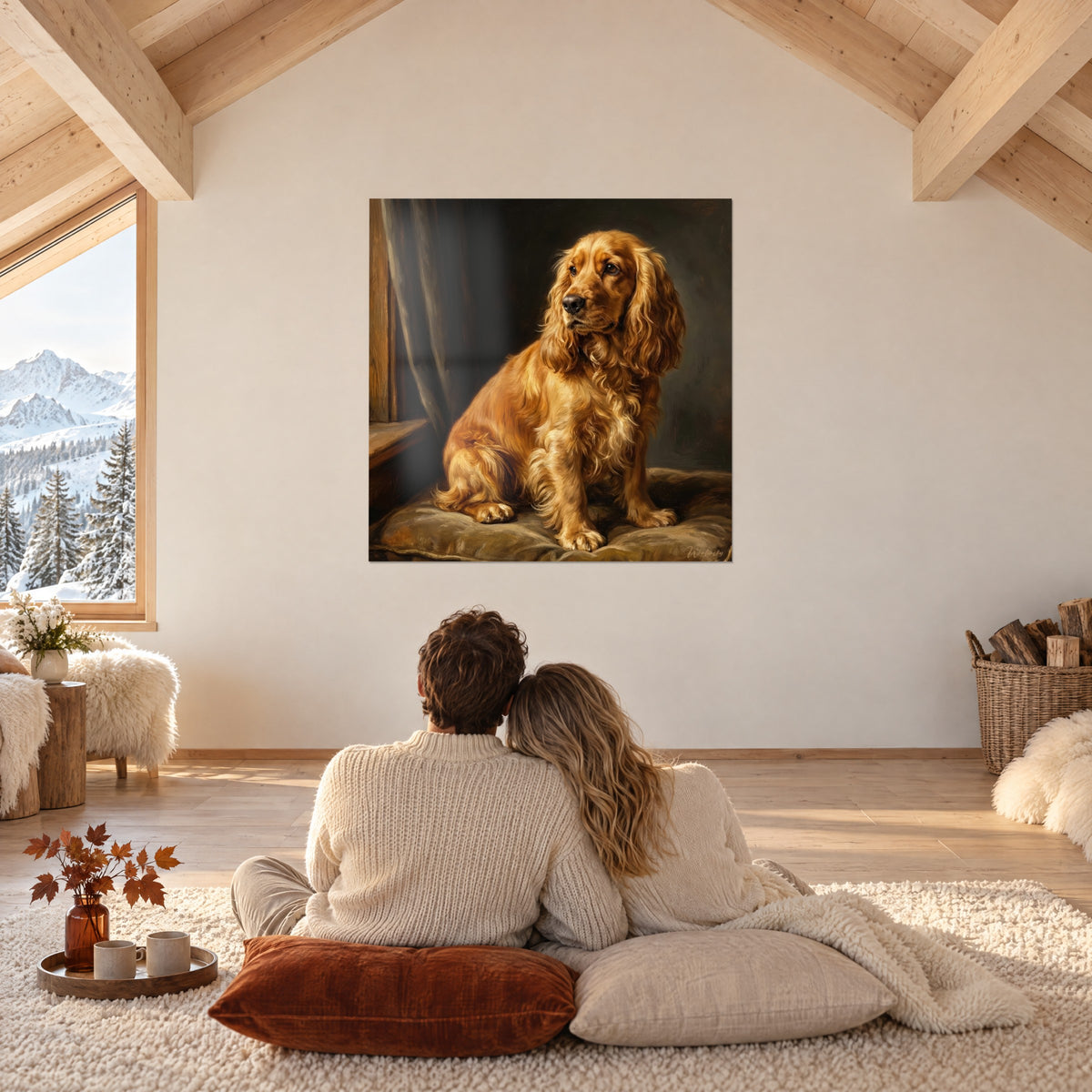 Wall art of an aristocratic dog with amber and cream coat, noble gaze, facing a couple seen from behind on a white rug in front of the picture window