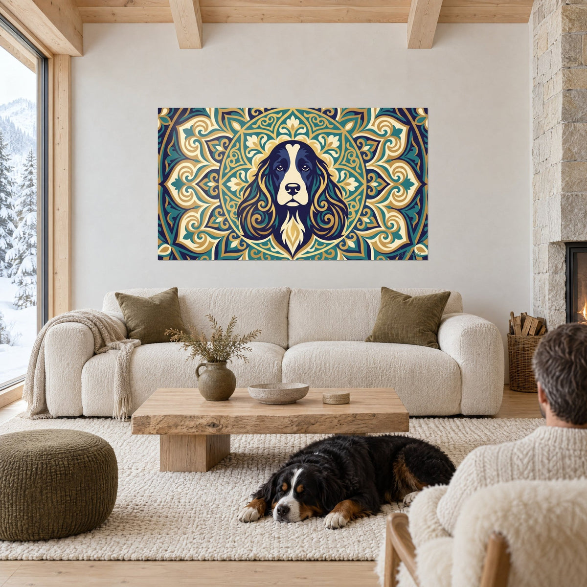 Gemälde Porträt eines Cocker Spaniels mit langen Ohren in Nachtblau und Gold, Mandala in Salbeigrün und Creme, über einem Sofa in einem hellen Wohnzimmer