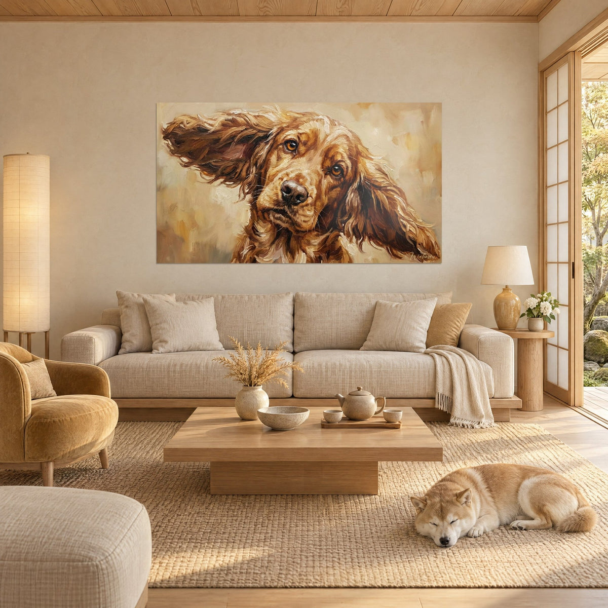 Schilderij van een Engelse cocker met goudkleurige, opgeheven oren, amberkleurige blik, beige achtergrond, een slapende shiba, boven een bank in een lichte woonkamer