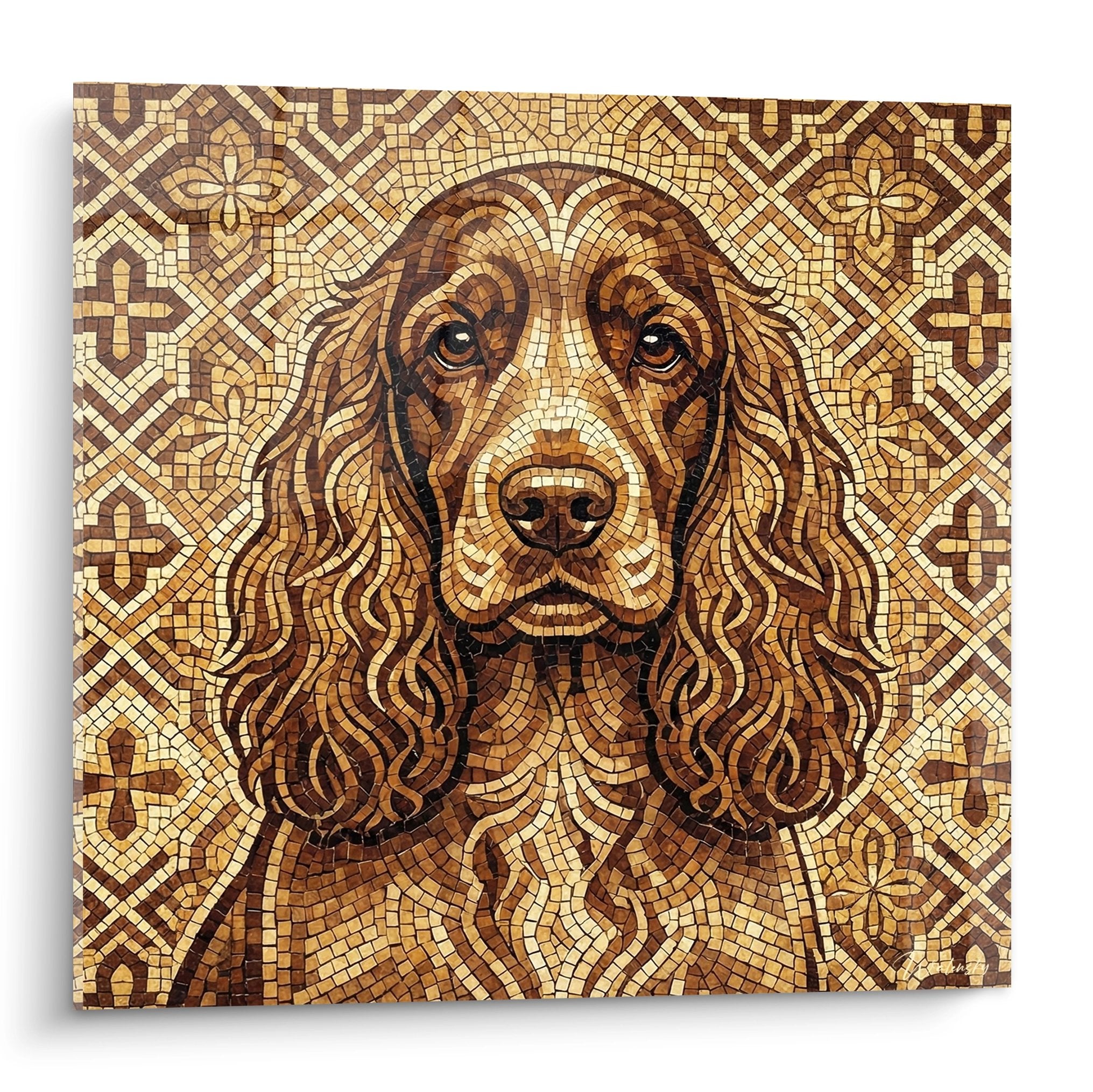 Portrait de Cocker Anglais en mosaïque byzantine aux tons dorés avec motifs en croix - Tableau mural décoratif