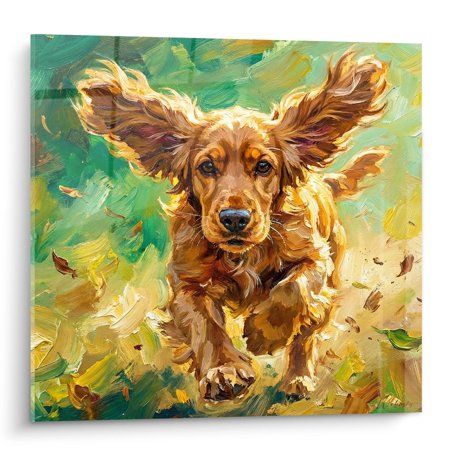 Hundegemälde mit flatternden Ohren in einem farbenfrohen Wirbelwind - Freudige Bewegung - Englischer Cocker Edition