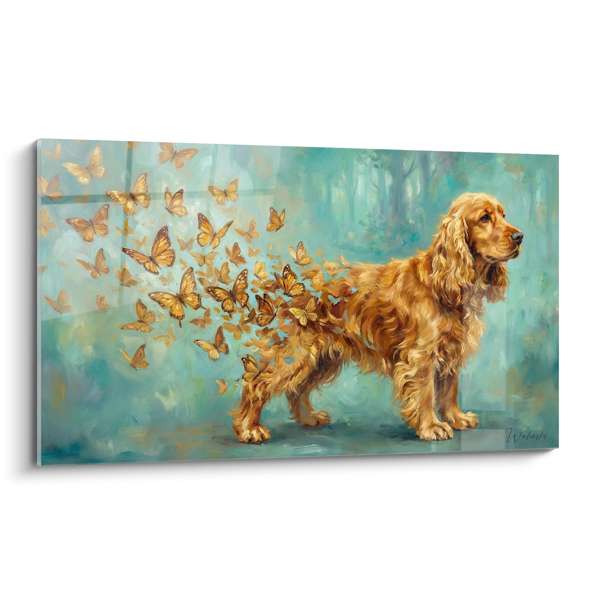 tableau cocker anglais dore avec papillons dores sur fond turquoise art feerique decoration murale