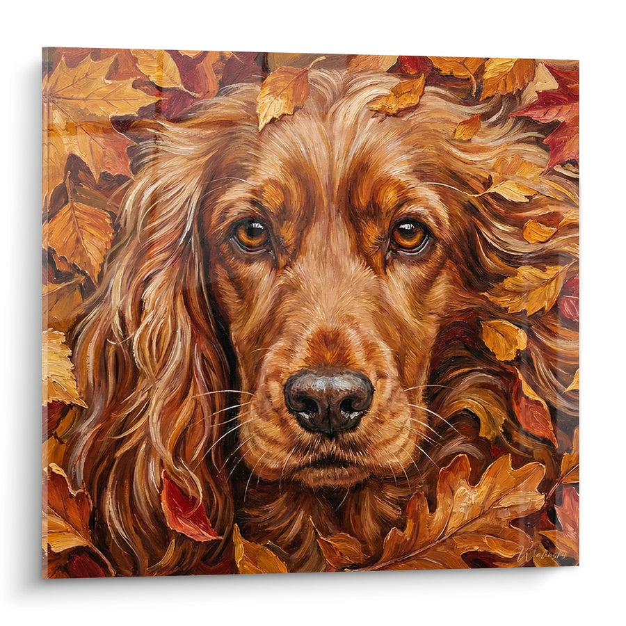 Schilderij Engelse Cocker Spaniël in Gouden Tinten op een Tapijt van Herfstbladeren - Seizoensportret - Engelse Cocker Spaniël Editie