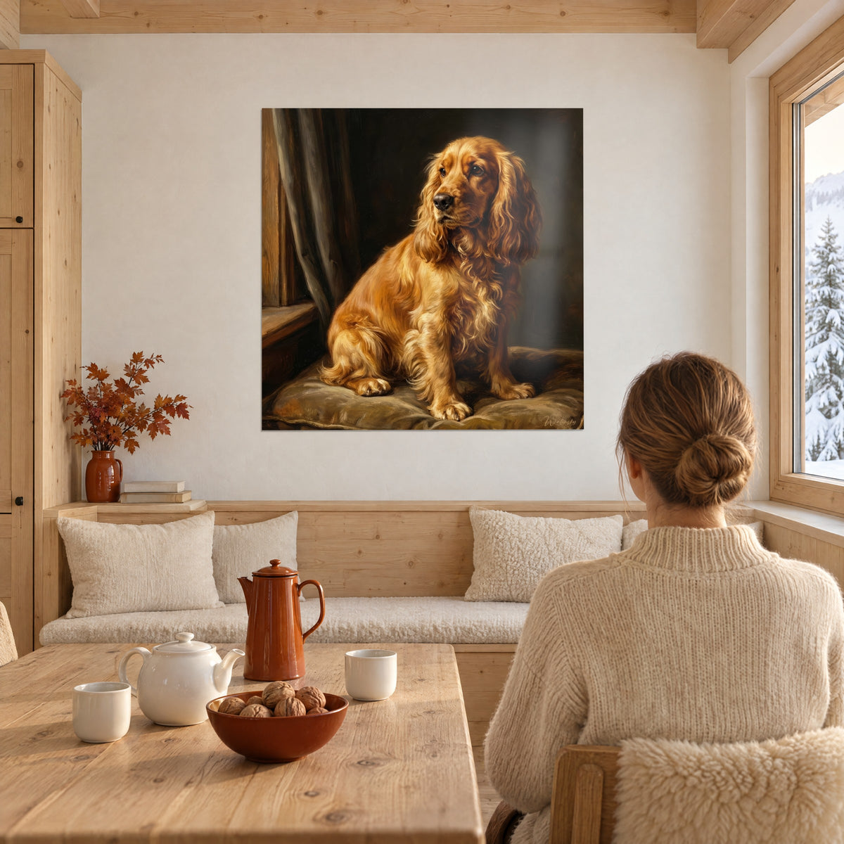 Wall art oil painting of a dog with blonde fringes, deep brown background and grey curtain, facing a light wood table