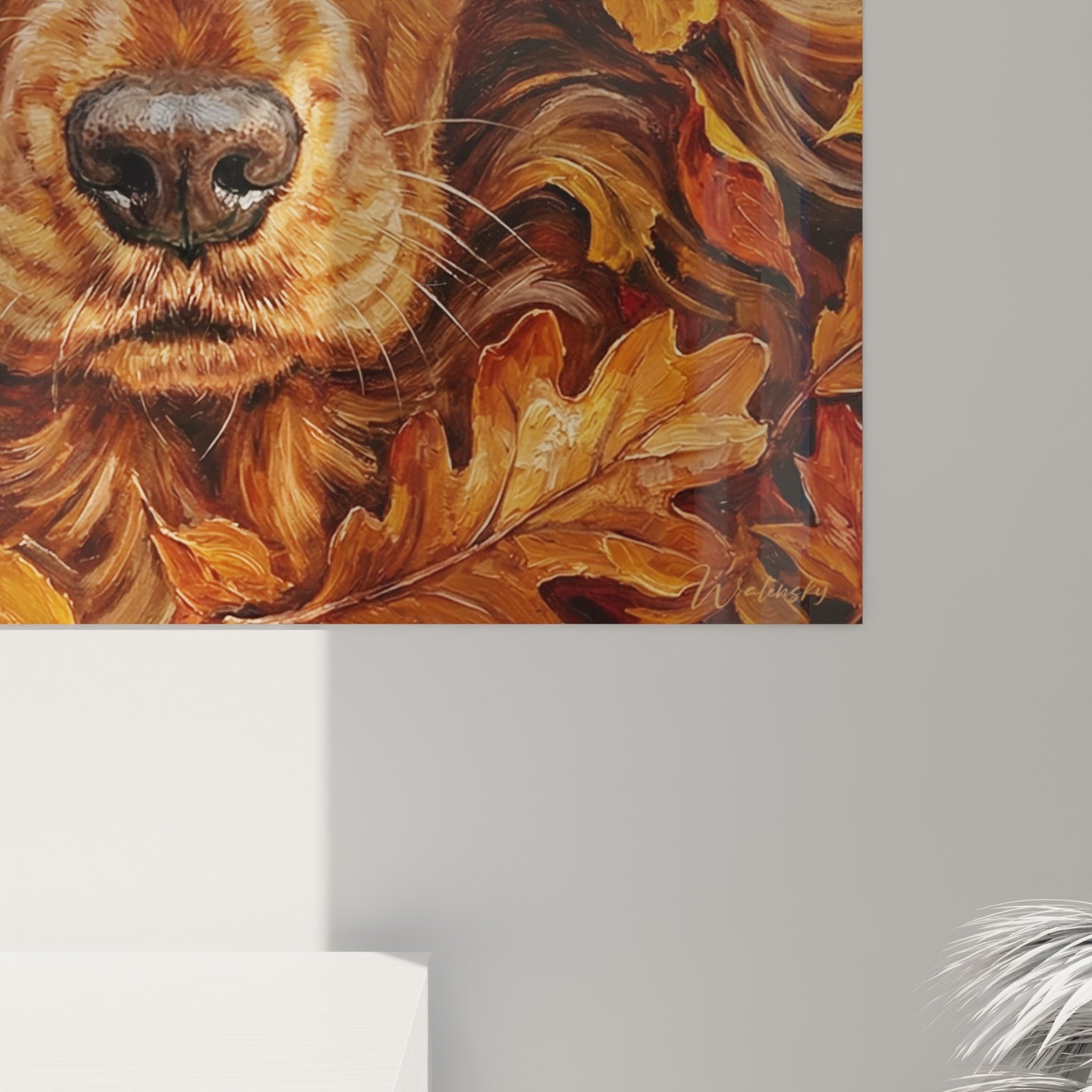 Mise en situation tableau Cocker Anglais automne salon décoration murale art animalier