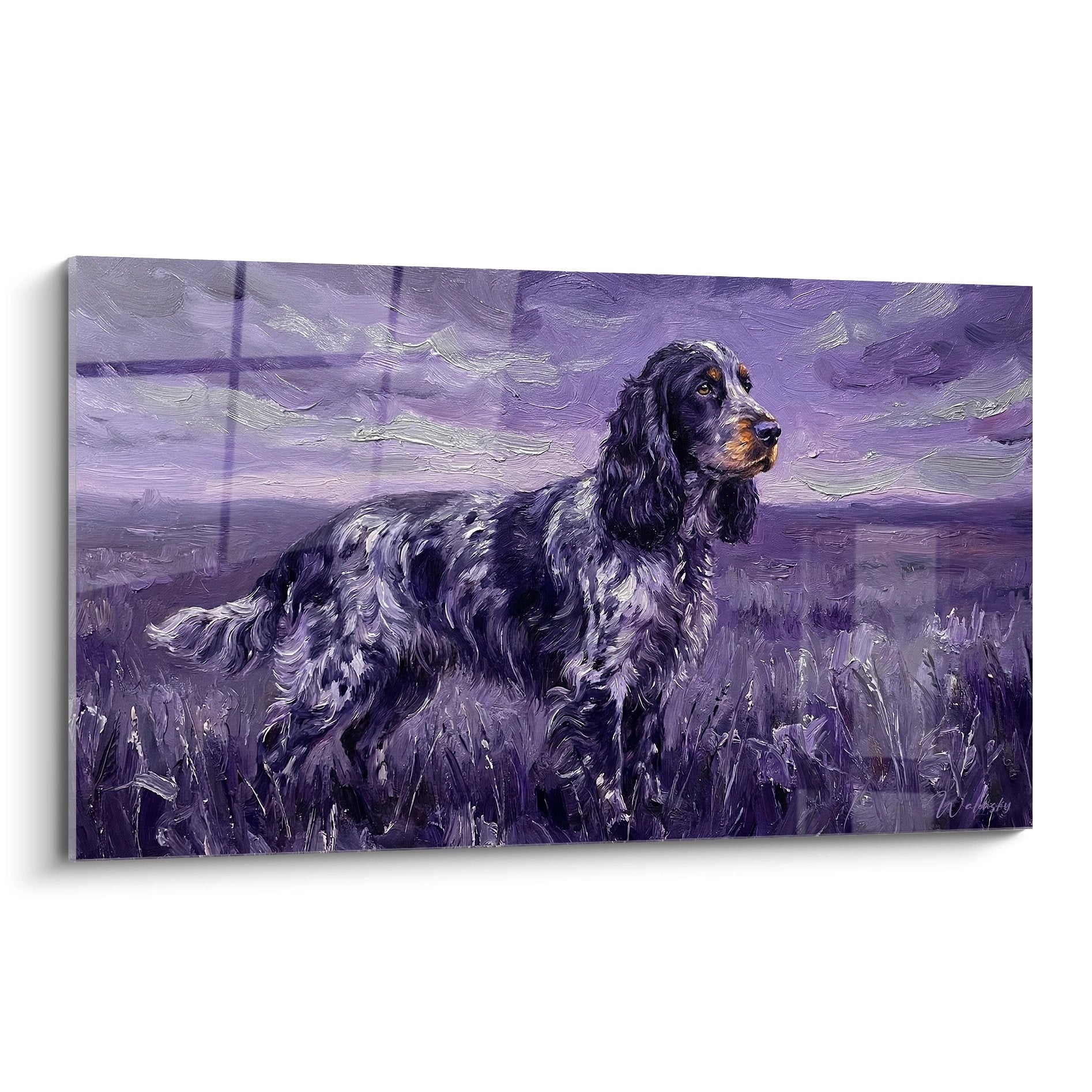 Tableau cocker anglais tons violets champ coucher soleil contemplation paisible