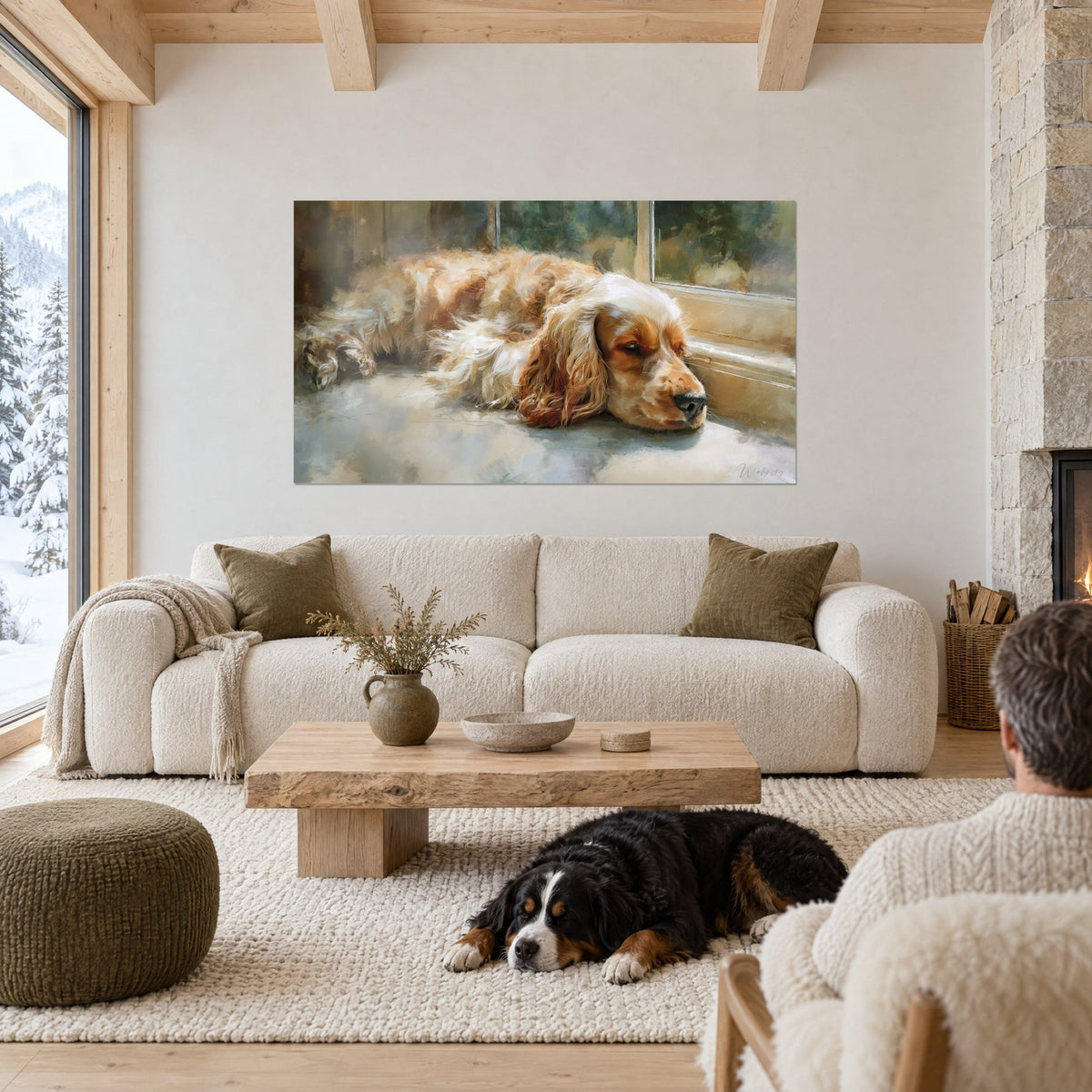 Gemälde Cocker Spaniel rot und weiß, schläfrig, Ohren gelockt am sonnigen Fensterrahmen, über einem Sofa in einem hellen Wohnzimmer