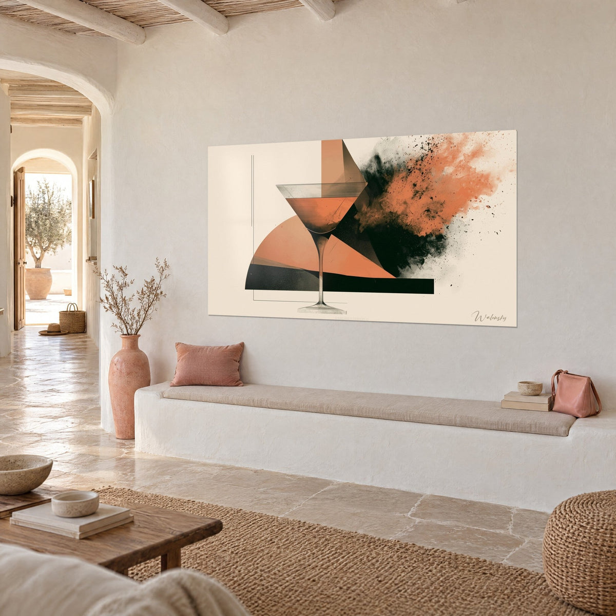 Quadro cocktail arancio bruciato e nuvola di polvere nera, vista di tre quarti, panca bianca in pietra