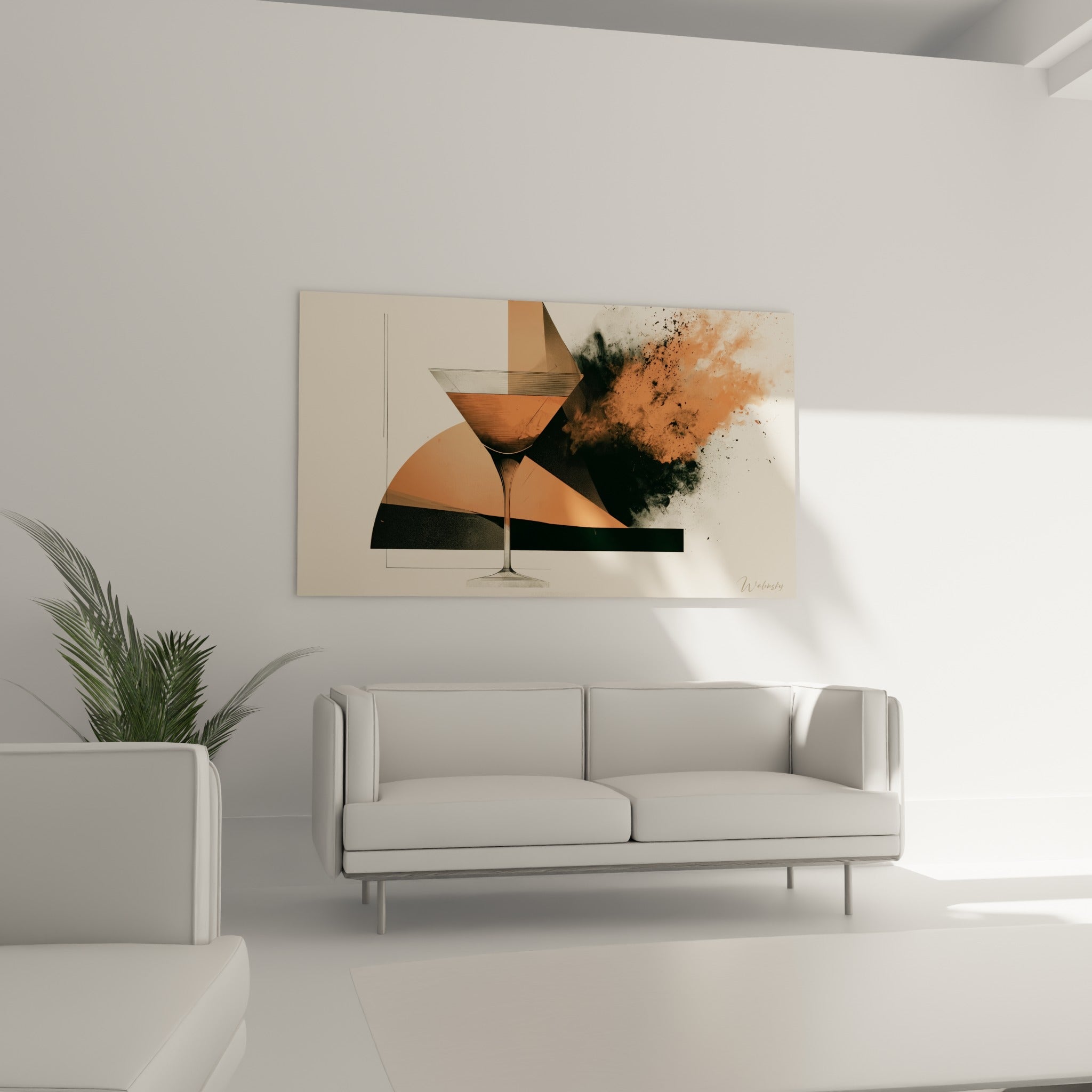 Composition orangée et anthracite d'un verre stylisé, suspendue au-dessus d'un canapé dans un salon lumineux
