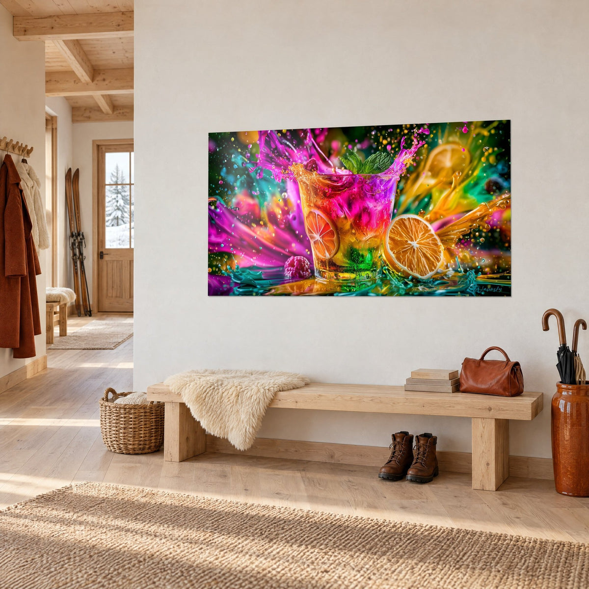 Tableau cocktail glacé aux jets magenta et jaune, menthe verte, en vue de trois-quarts sur un mur blanc d'entrée de chalet