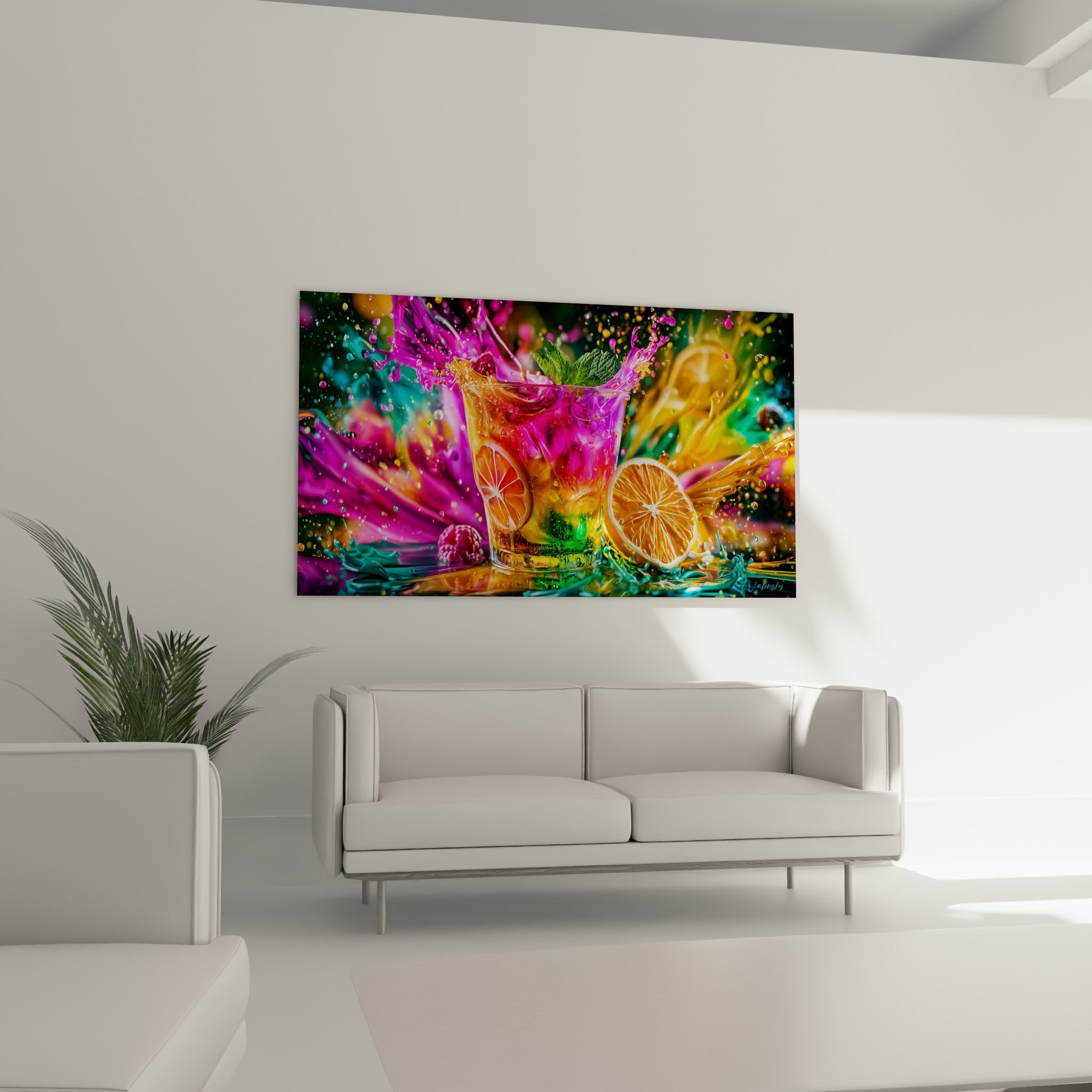 Éclaboussure de cocktail turquoise et doré, tableau accroché au-dessus d'un canapé dans un salon lumineux