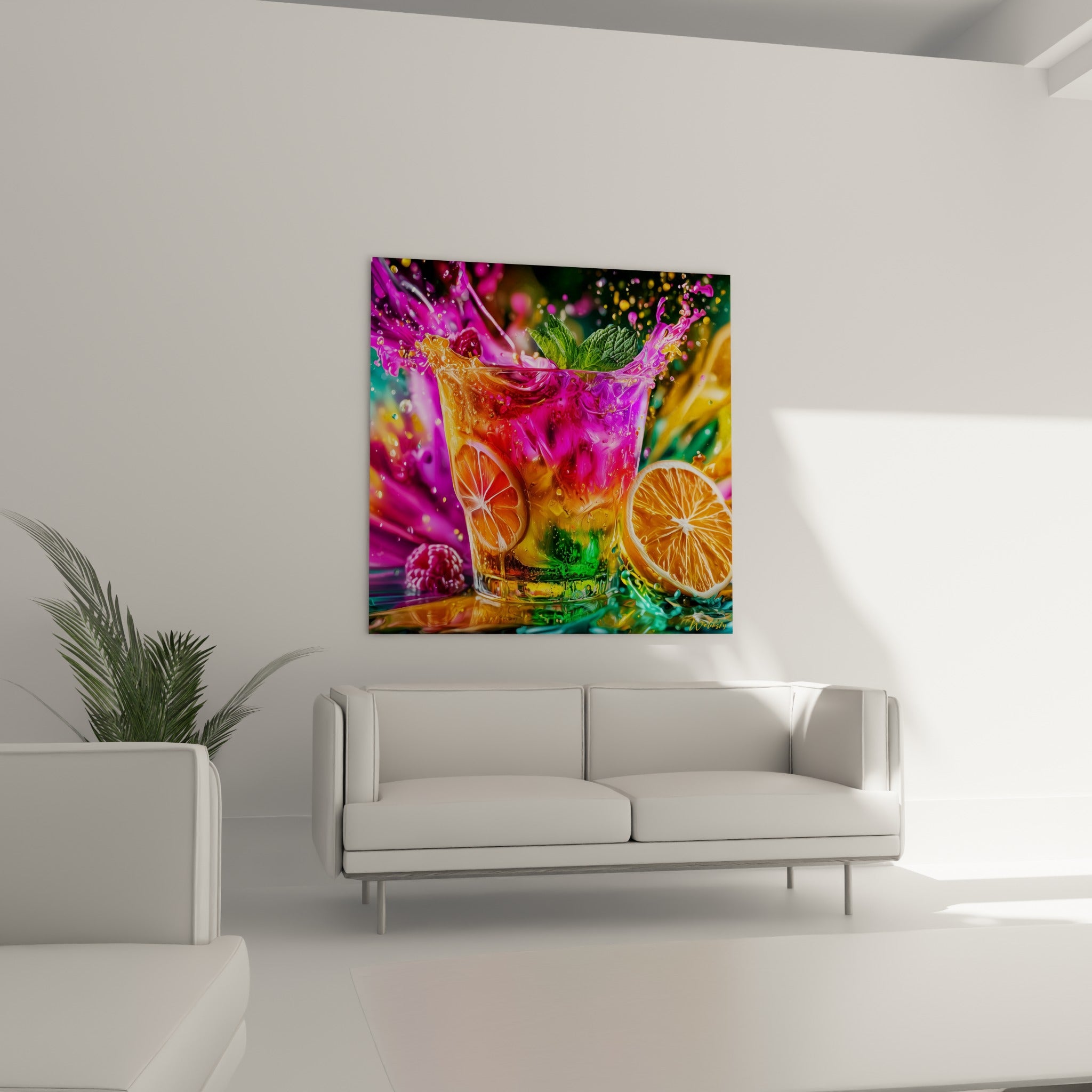 Verre coloré aux teintes vertes et roses accroché au-dessus d'un canapé dans un salon lumineux