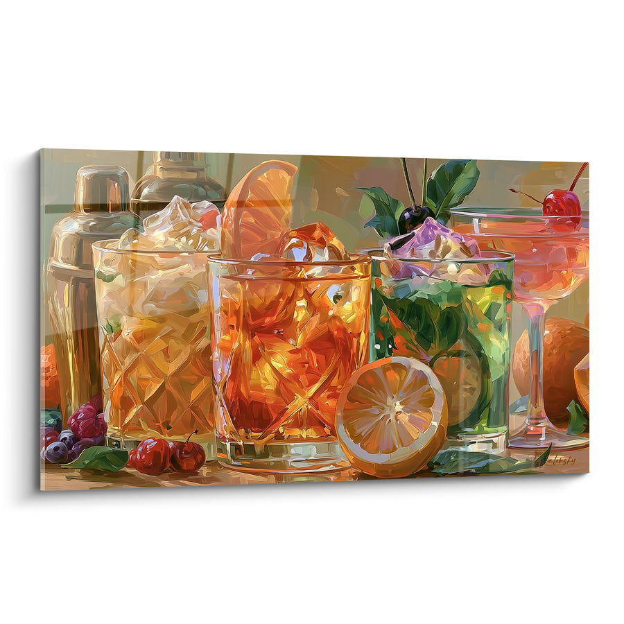 Tableau Verres ambrés aux agrumes et cerises - Heure dorée au bar - Edition Cocktail