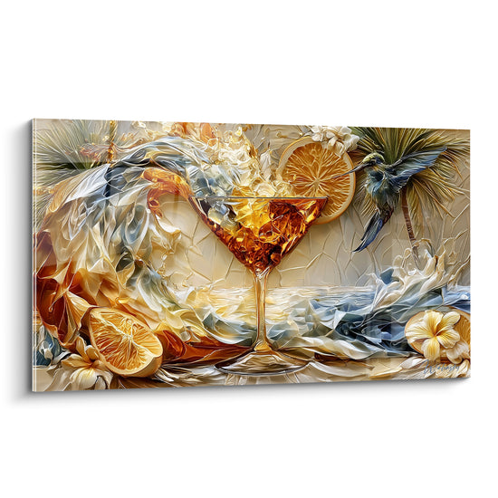 Cocktail ambré aux agrumes et colibri bleu marine sur fond crème texturé
