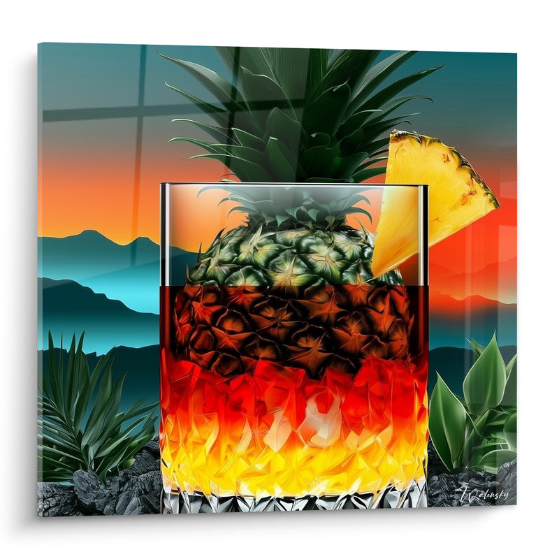 Tableau Ananas doré sur verre orange flammé - Soir sur l'île - Edition Cocktail