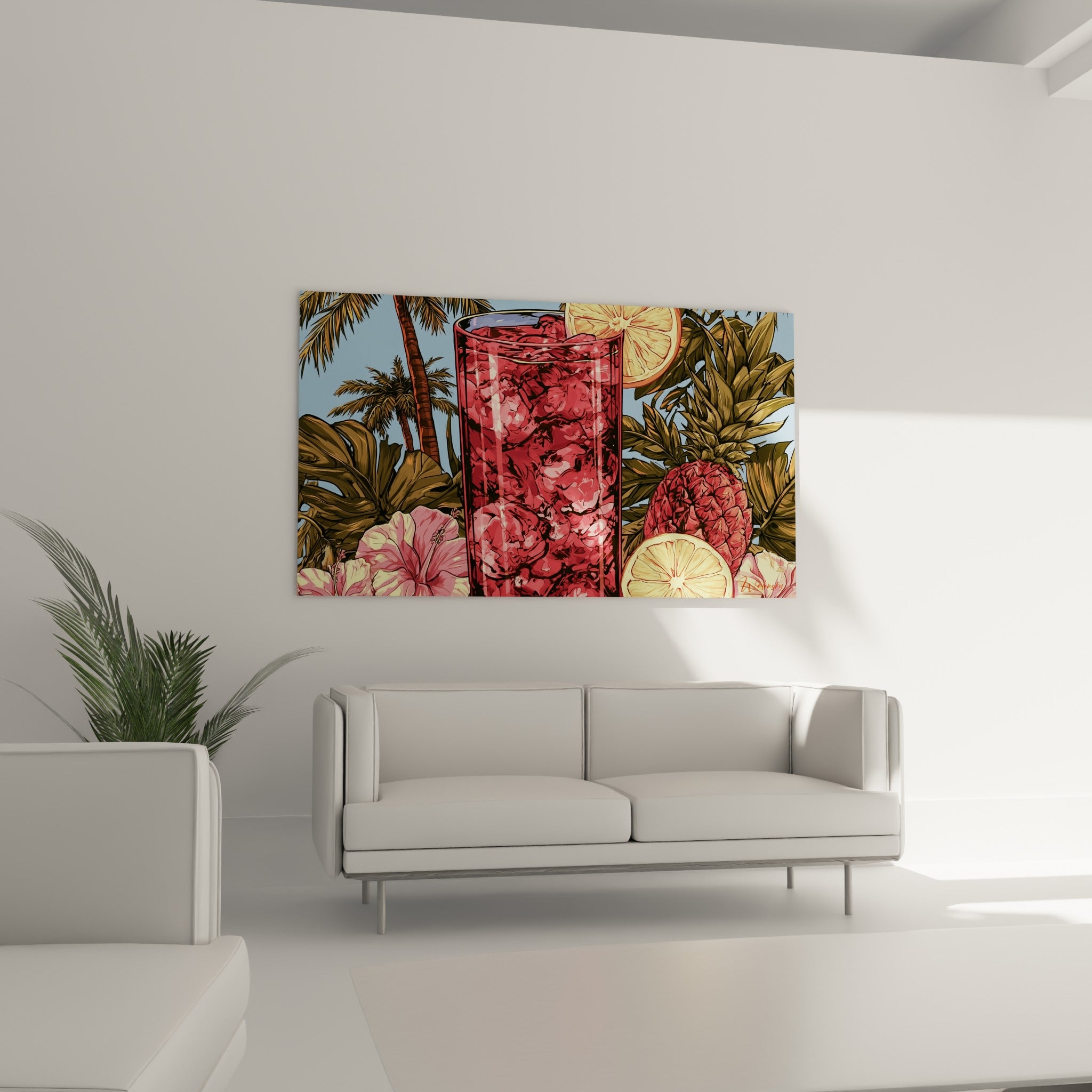 Ananas rose et feuillage vert entourant un cocktail rouge au-dessus d'un canapé dans un salon lumineux